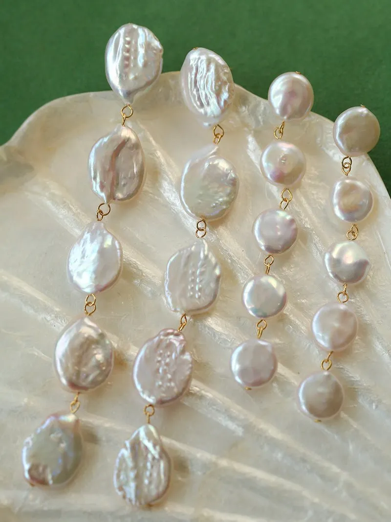Flat Round Freshwater Baroque Long Drop Earrings-Large