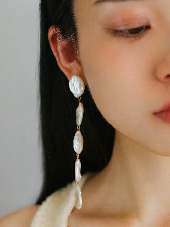 Flat Round Freshwater Baroque Long Drop Earrings-Large
