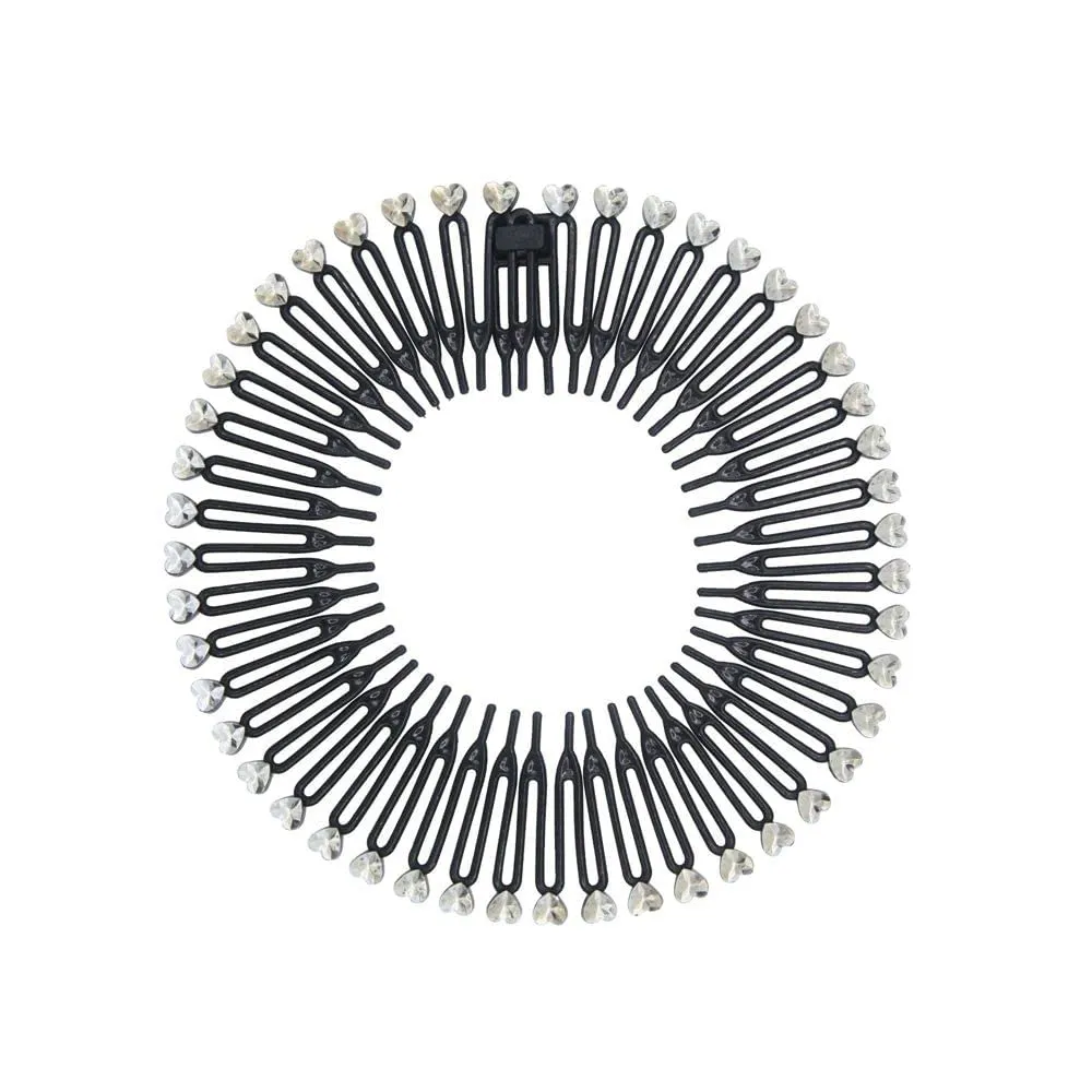 Flexible Stretch Hair Combs Headband,Rhinestone Full Circular Tooth Headband Plastic Circle Comb Hairband Holder Hair Accessories for Women Girls(Black)