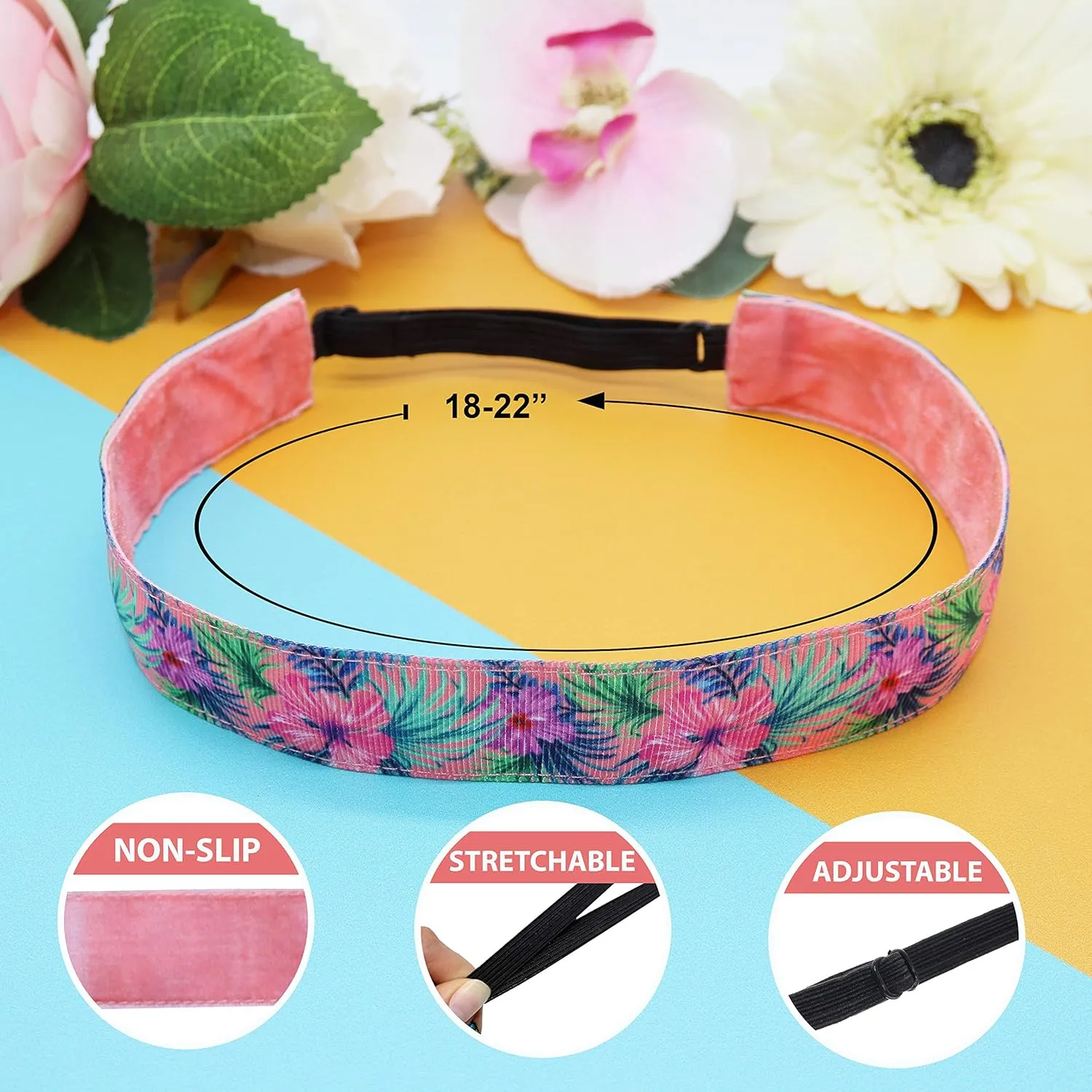 FROG SAC 6 Elastic Floral Headbands for Girls, Adjustable Non Slip Tropical Hair Bands for Women, Cute Stretch Headband, Stretch Hair Accessories for Kids