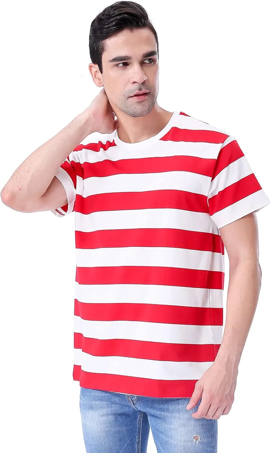 Funny World Men's Cotton Striped T-Shirt Crew Neck Short Sleeves Basic Casual Top