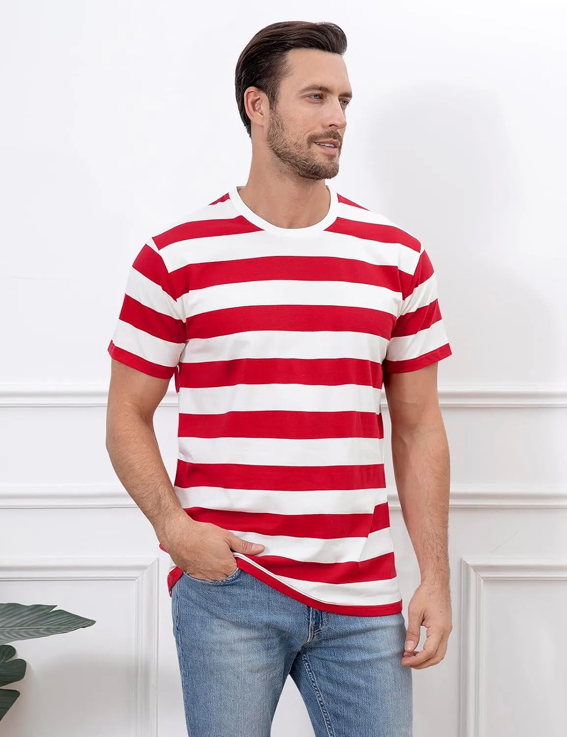 Funny World Men's Cotton Striped T-Shirt Crew Neck Short Sleeves Basic Casual Top
