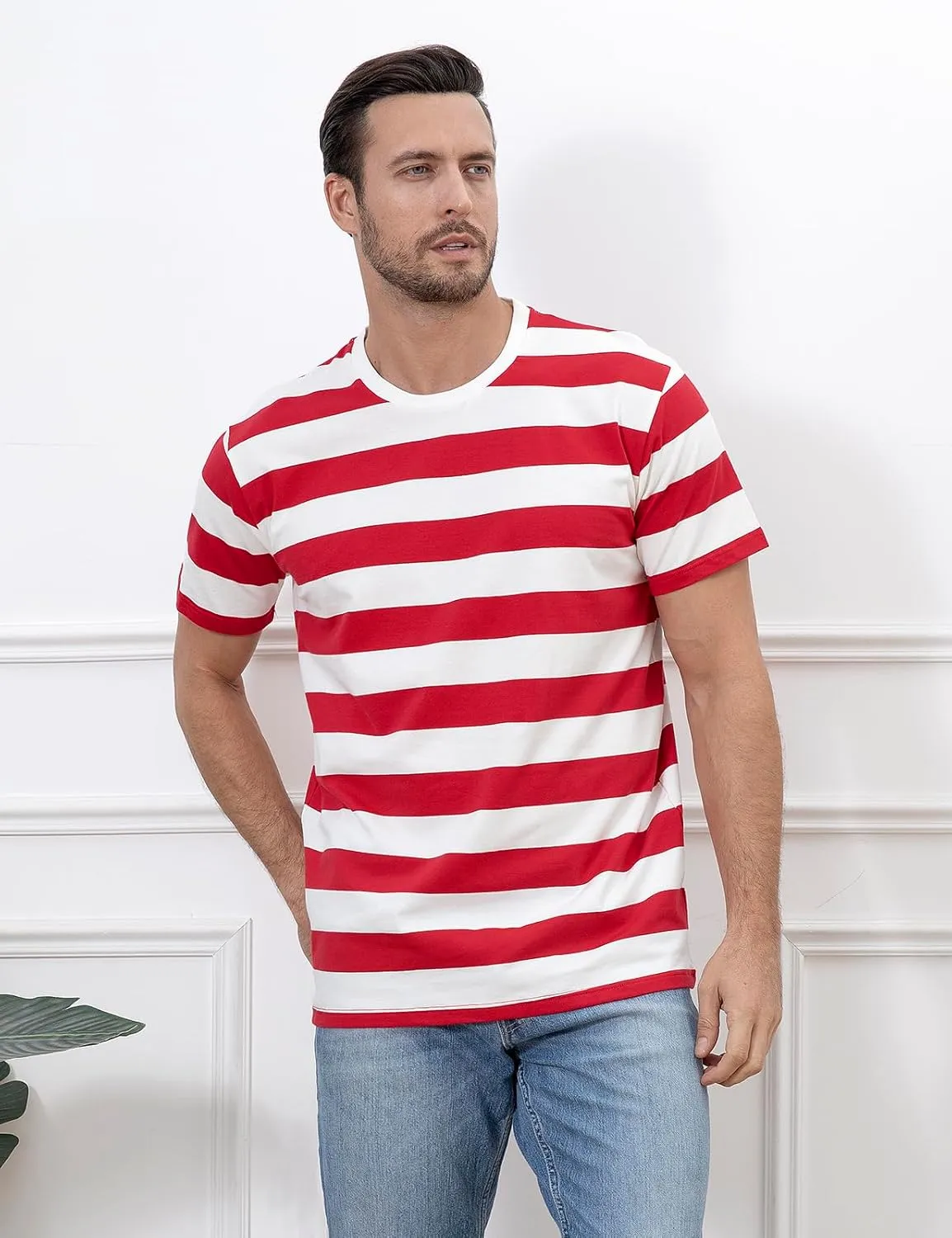 Funny World Men's Cotton Striped T-Shirt Crew Neck Short Sleeves Basic Casual Top