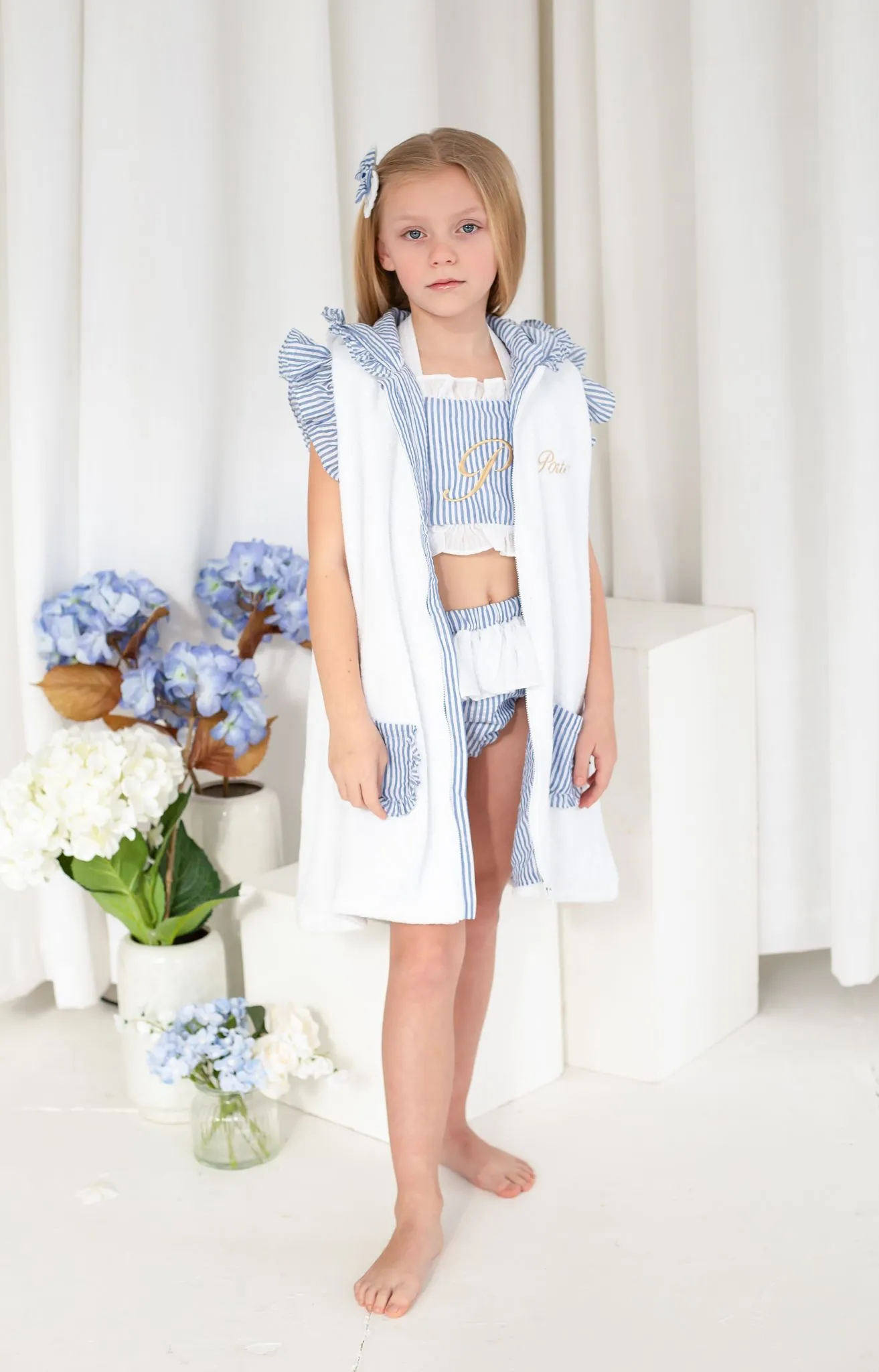 Girls Dark Blue Stripe Seersucker Two Piece