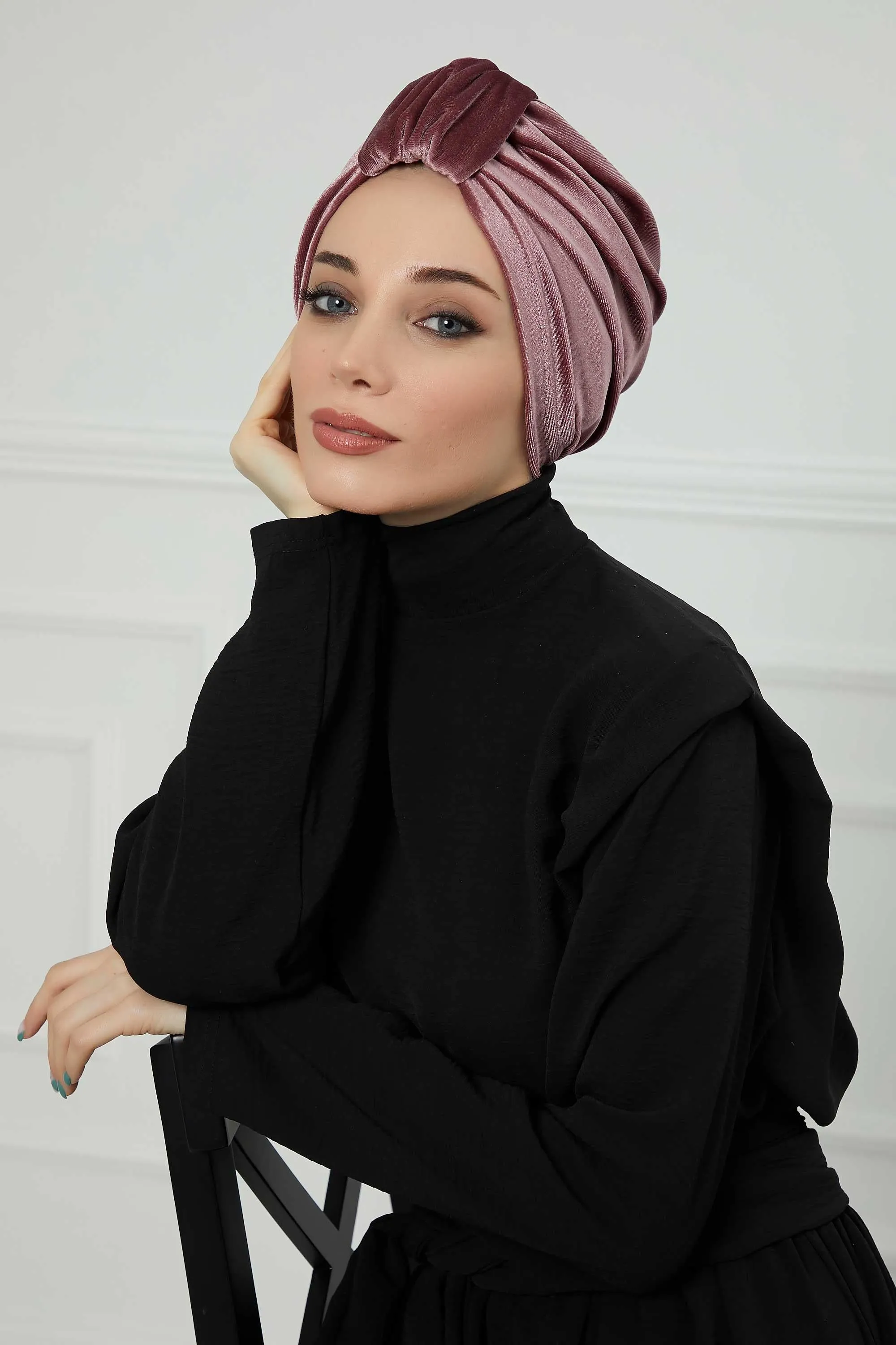 Glamour Knot Velvet Pre-Tied Turban, Super Soft Handmade Instant Turban Head Cover for Women, Velvet Winter Hat, Comfy Chemo Headwear,B-68K