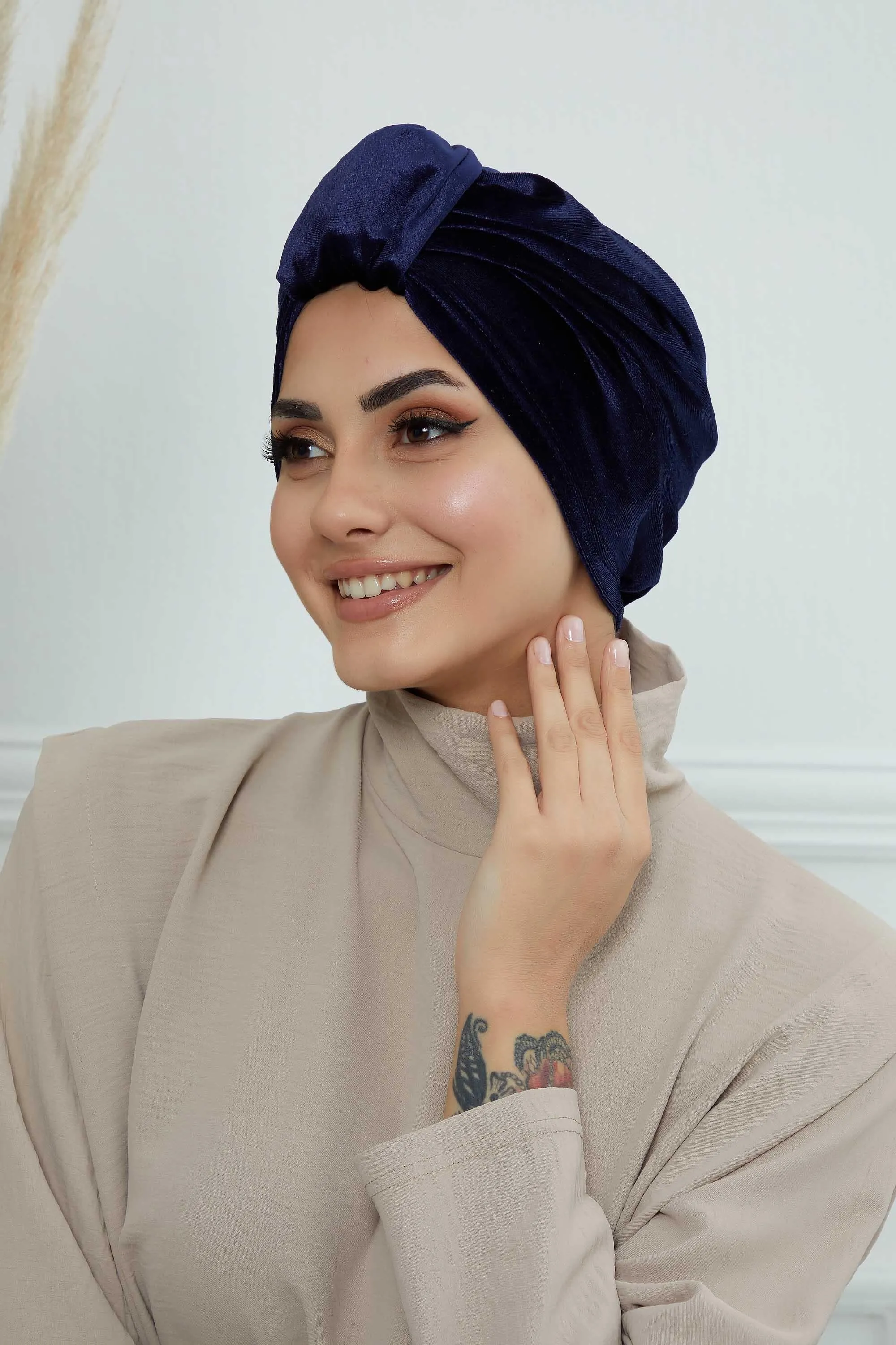 Glamour Knot Velvet Pre-Tied Turban, Super Soft Handmade Instant Turban Head Cover for Women, Velvet Winter Hat, Comfy Chemo Headwear,B-68K