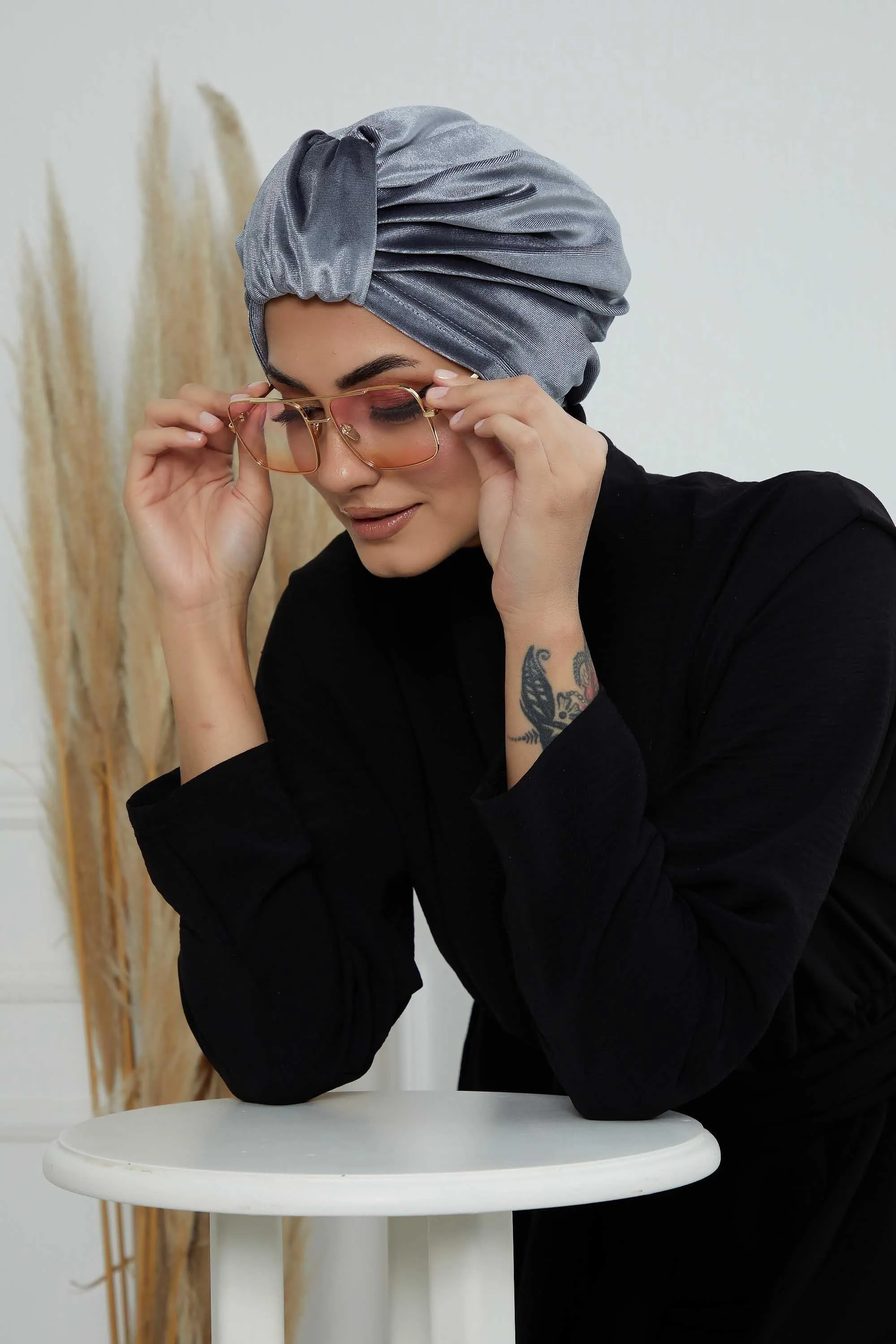 Glamour Knot Velvet Pre-Tied Turban, Super Soft Handmade Instant Turban Head Cover for Women, Velvet Winter Hat, Comfy Chemo Headwear,B-68K