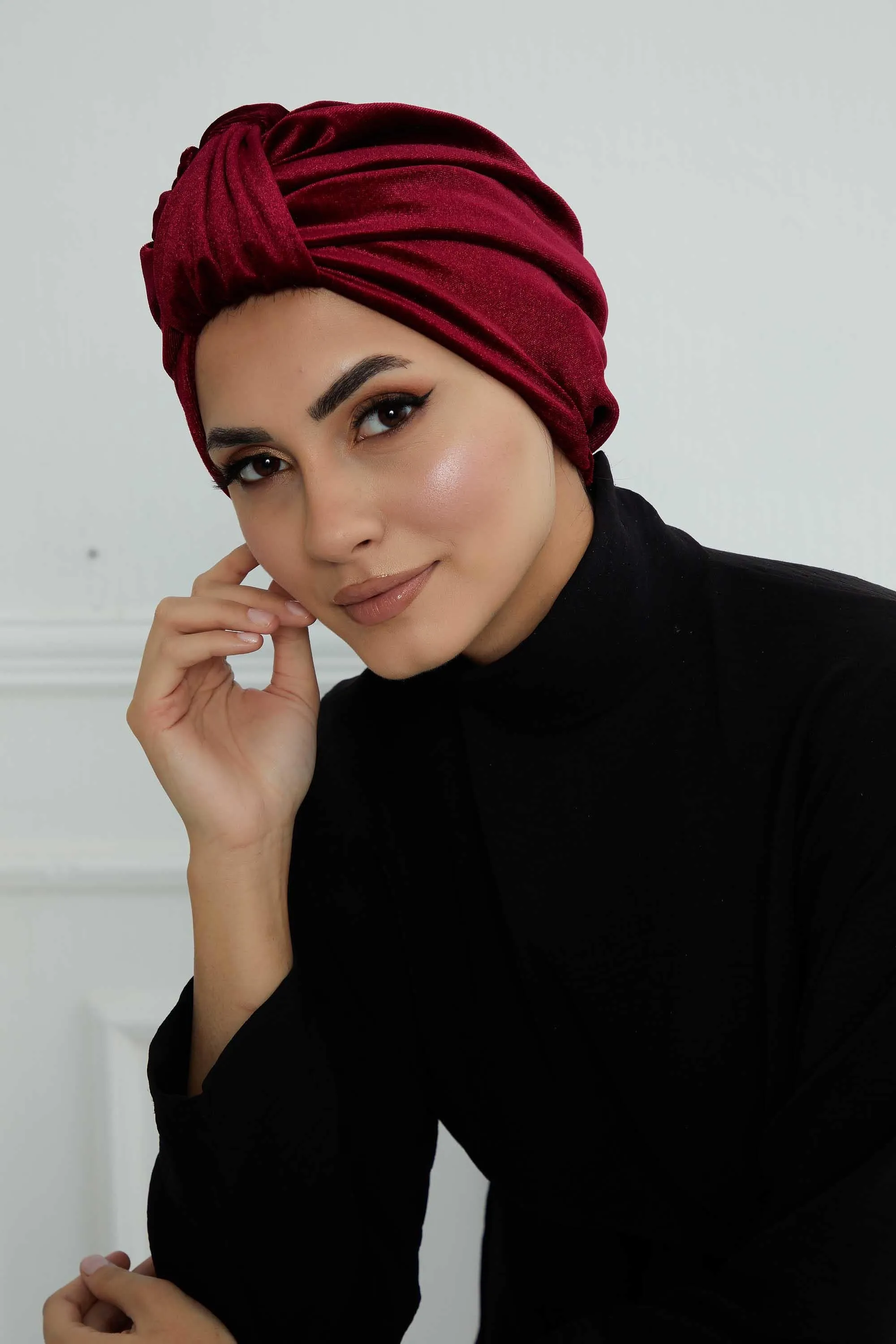 Glamour Knot Velvet Pre-Tied Turban, Super Soft Handmade Instant Turban Head Cover for Women, Velvet Winter Hat, Comfy Chemo Headwear,B-68K