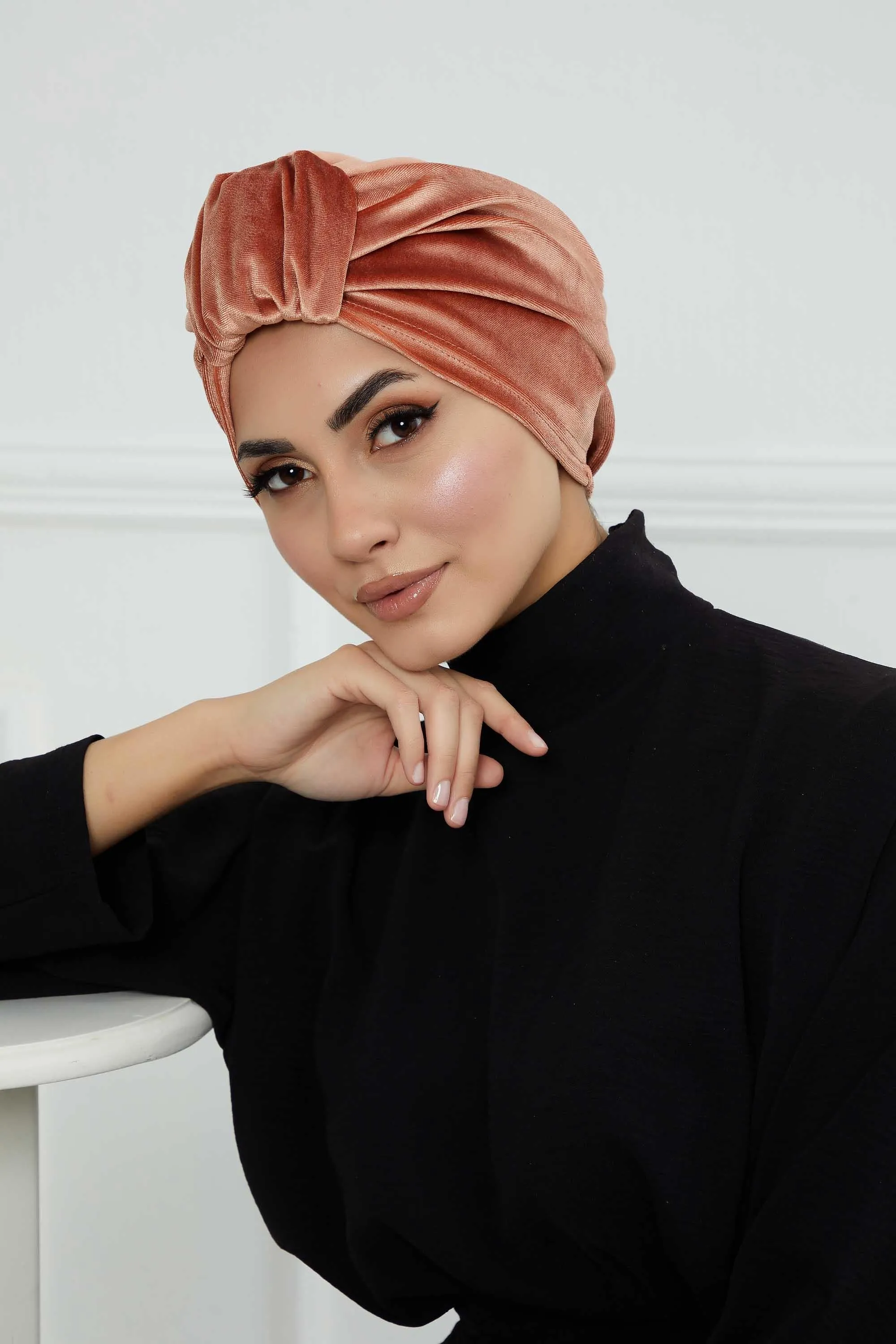 Glamour Knot Velvet Pre-Tied Turban, Super Soft Handmade Instant Turban Head Cover for Women, Velvet Winter Hat, Comfy Chemo Headwear,B-68K