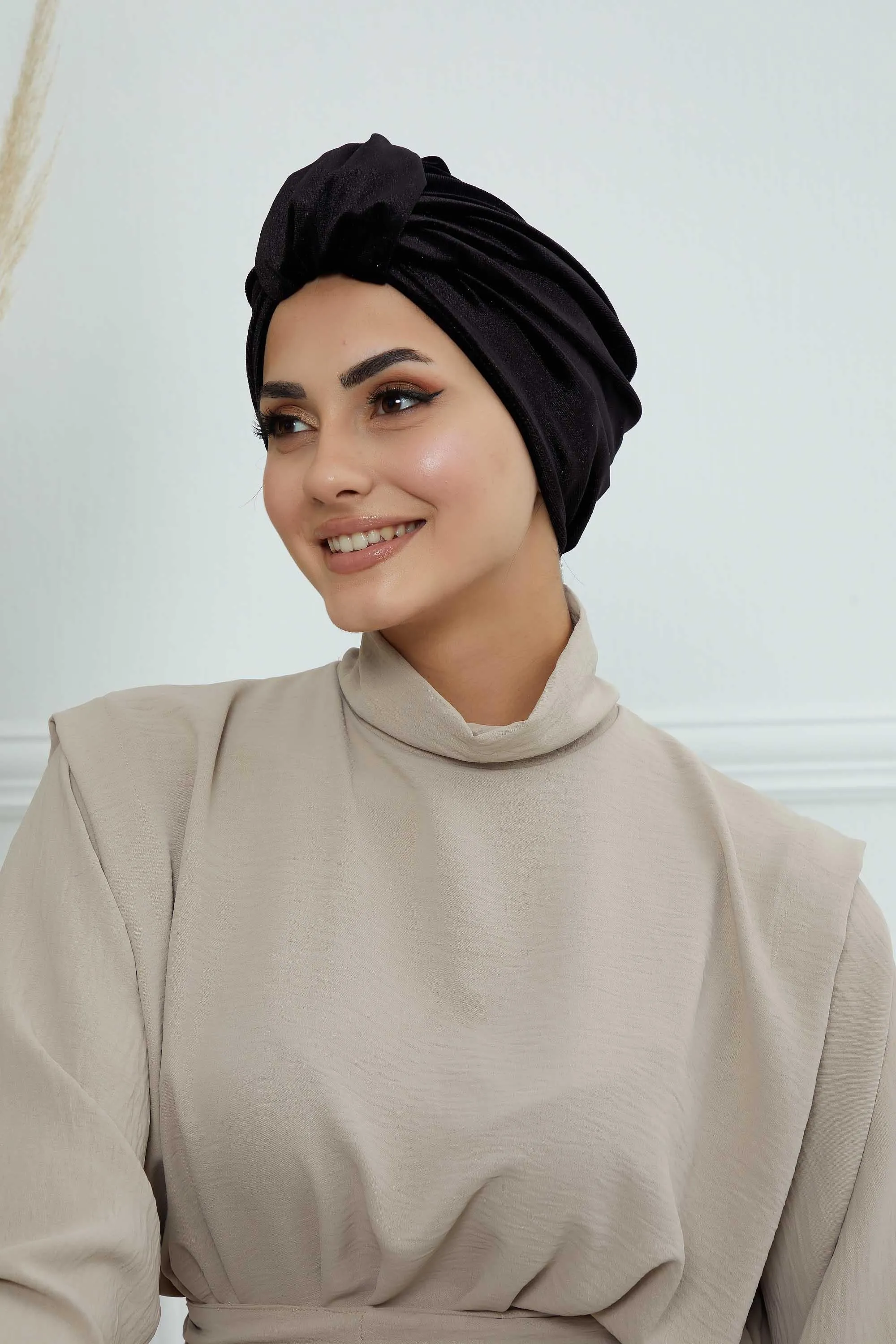 Glamour Knot Velvet Pre-Tied Turban, Super Soft Handmade Instant Turban Head Cover for Women, Velvet Winter Hat, Comfy Chemo Headwear,B-68K