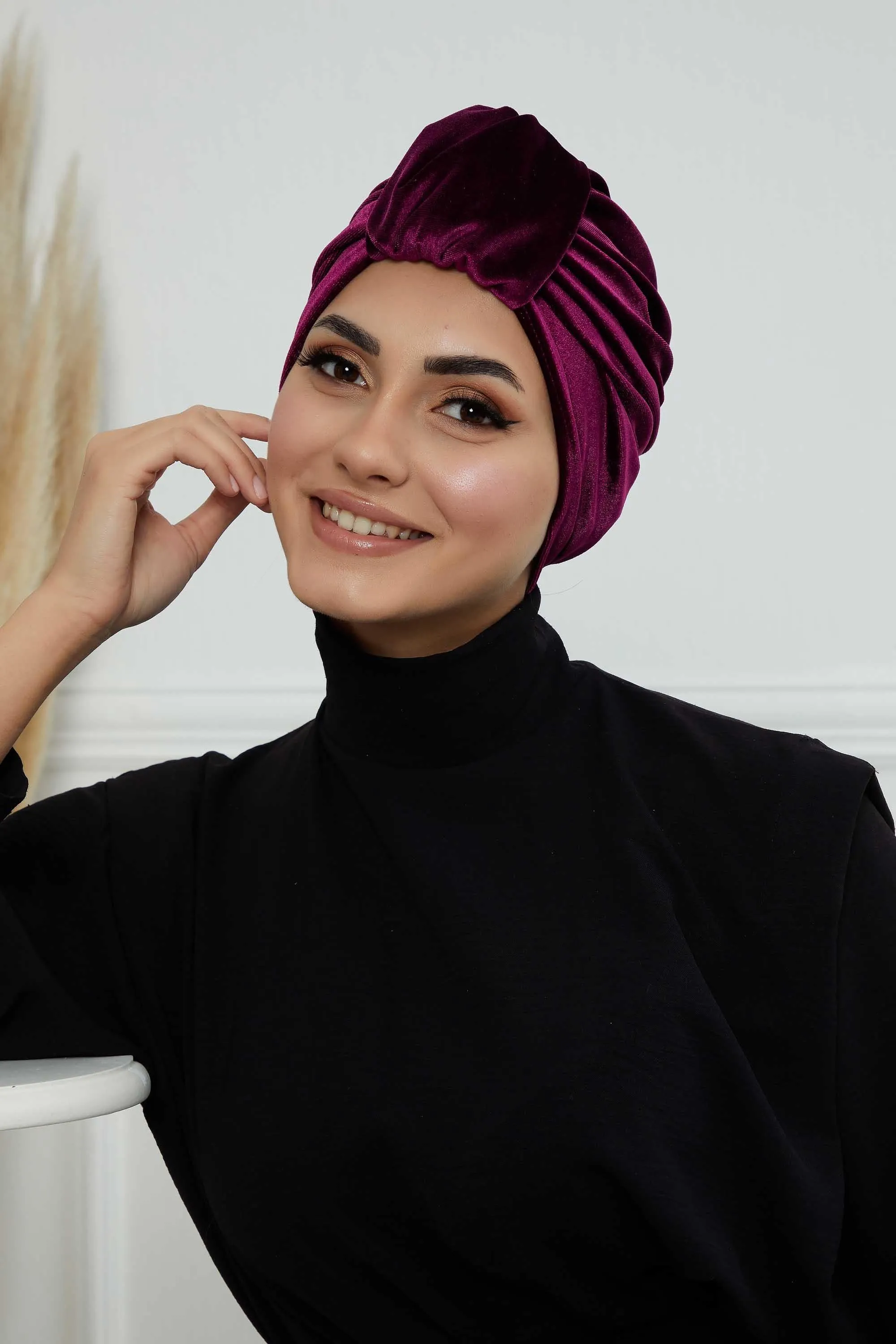 Glamour Knot Velvet Pre-Tied Turban, Super Soft Handmade Instant Turban Head Cover for Women, Velvet Winter Hat, Comfy Chemo Headwear,B-68K