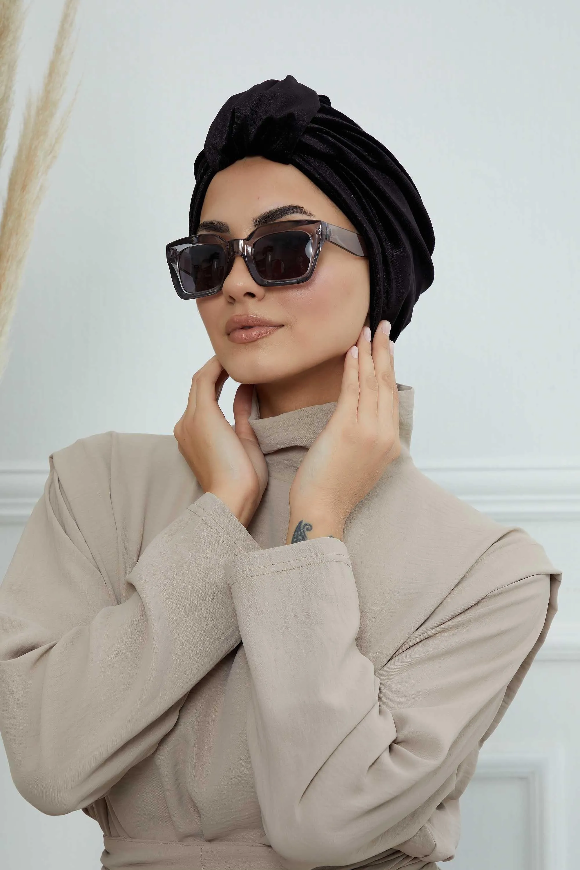 Glamour Knot Velvet Pre-Tied Turban, Super Soft Handmade Instant Turban Head Cover for Women, Velvet Winter Hat, Comfy Chemo Headwear,B-68K