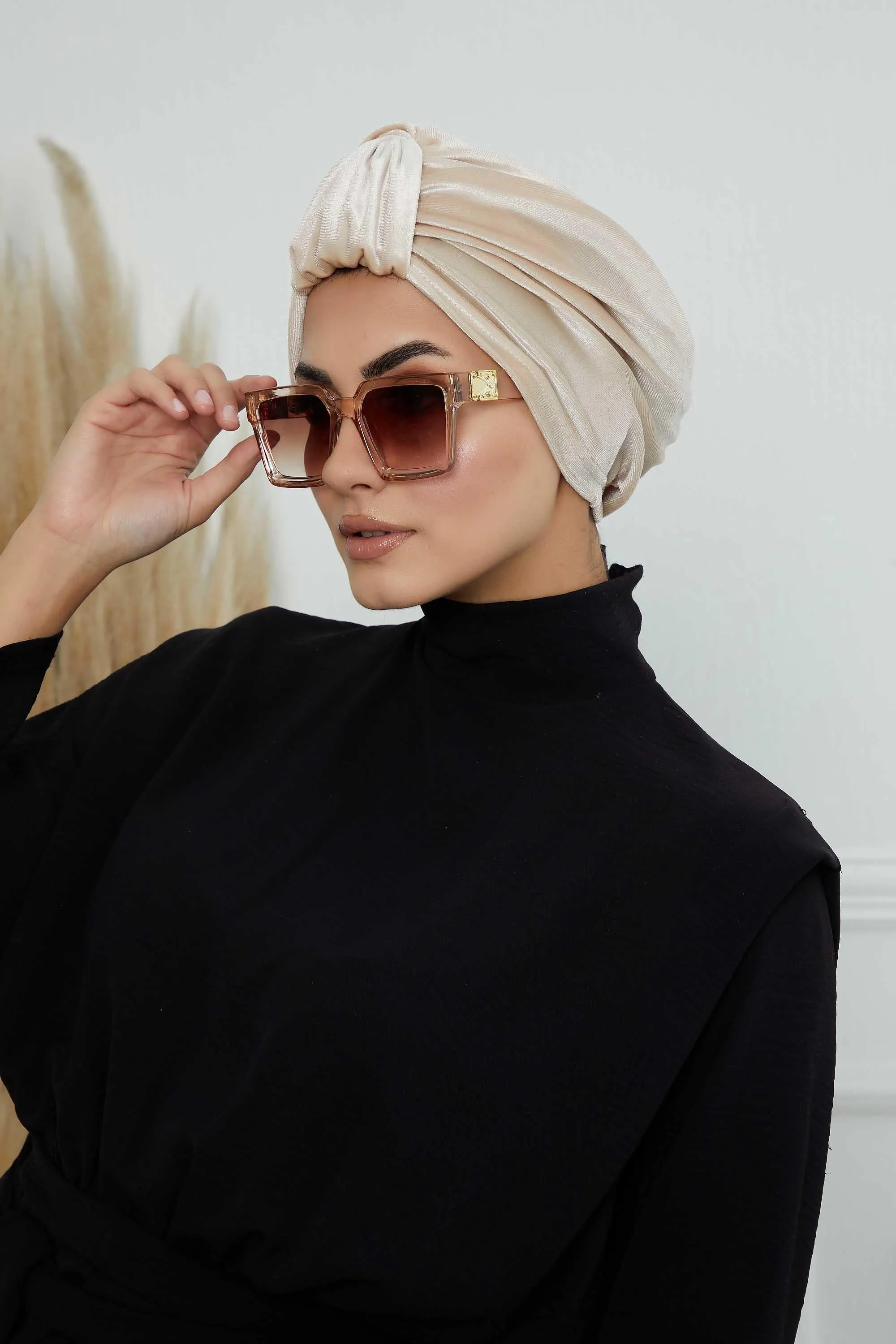 Glamour Knot Velvet Pre-Tied Turban, Super Soft Handmade Instant Turban Head Cover for Women, Velvet Winter Hat, Comfy Chemo Headwear,B-68K