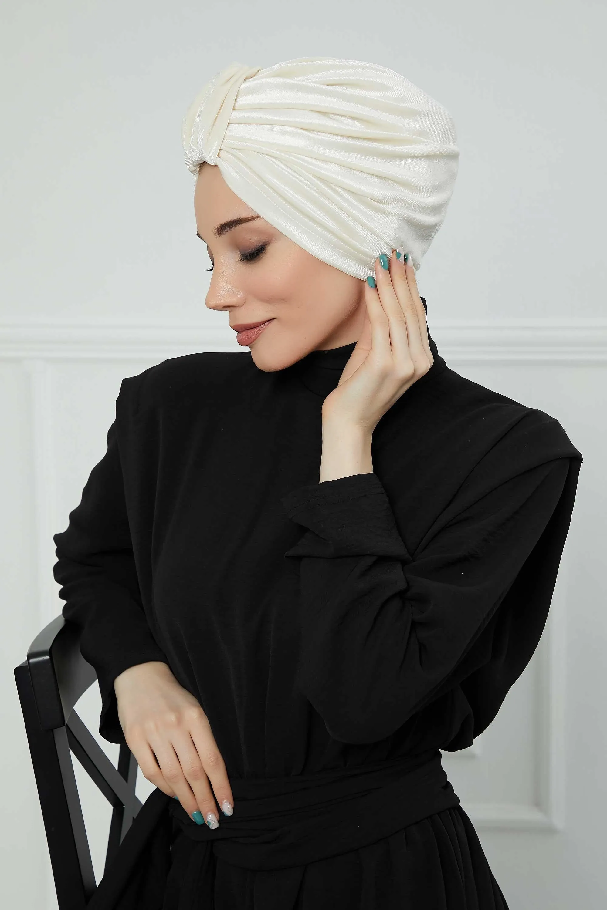 Glamour Knot Velvet Pre-Tied Turban, Super Soft Handmade Instant Turban Head Cover for Women, Velvet Winter Hat, Comfy Chemo Headwear,B-68K