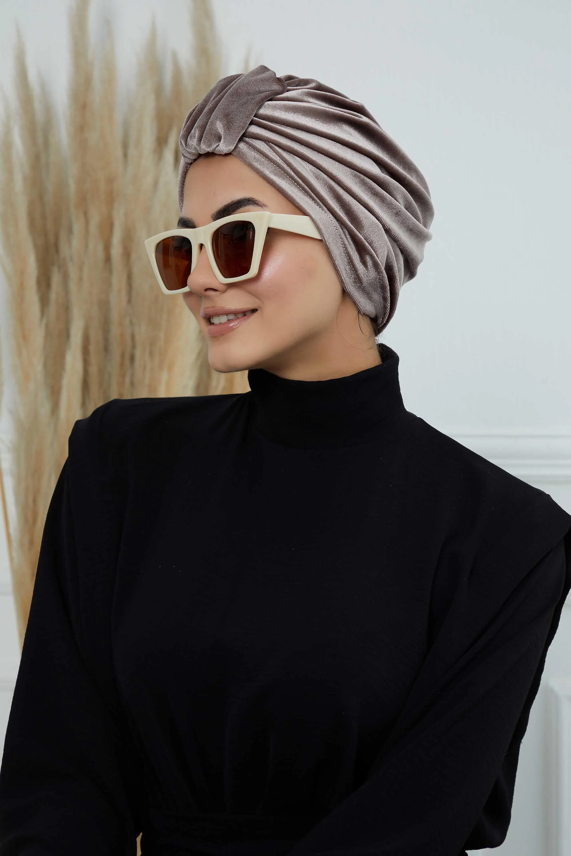 Glamour Knot Velvet Pre-Tied Turban, Super Soft Handmade Instant Turban Head Cover for Women, Velvet Winter Hat, Comfy Chemo Headwear,B-68K