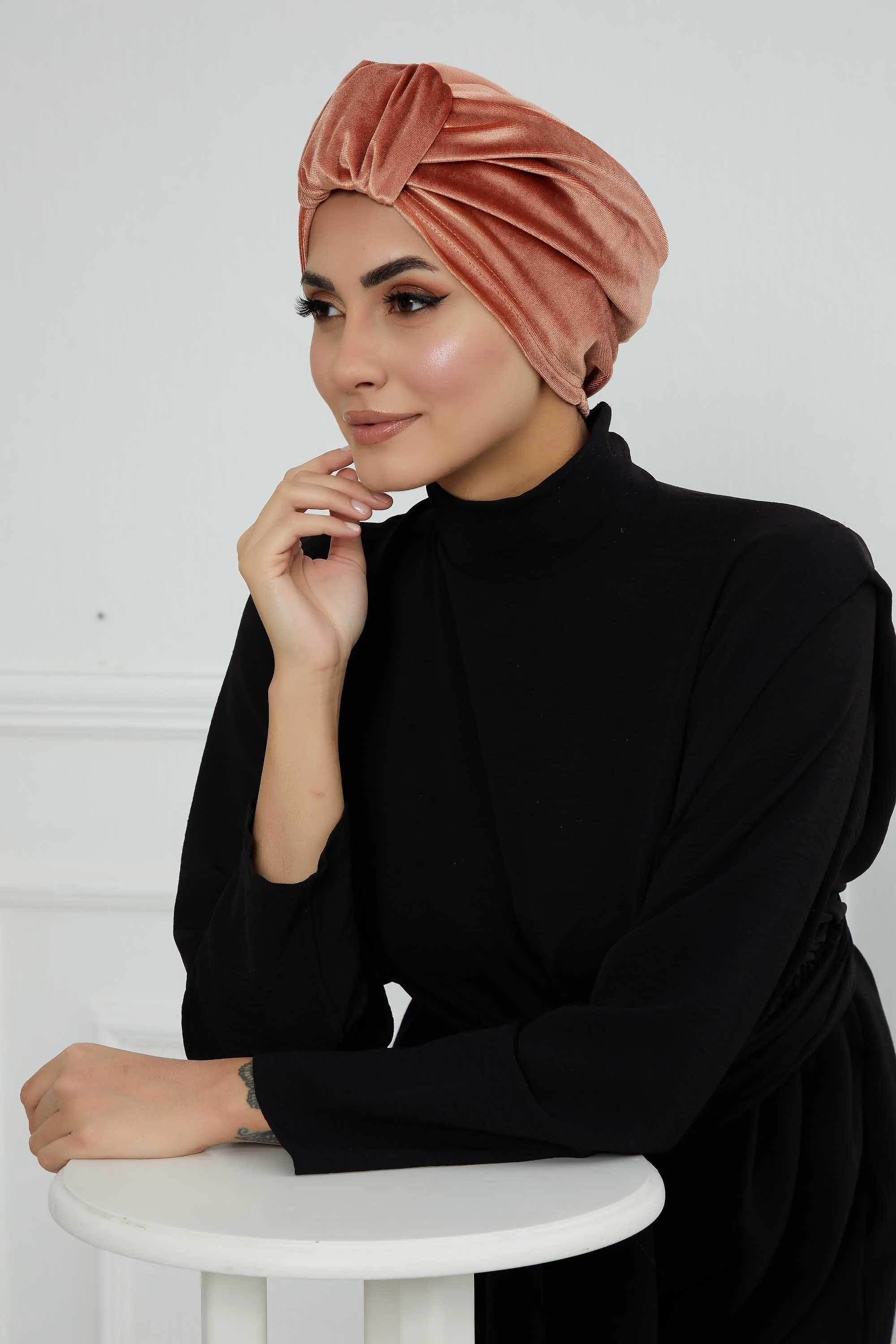 Glamour Knot Velvet Pre-Tied Turban, Super Soft Handmade Instant Turban Head Cover for Women, Velvet Winter Hat, Comfy Chemo Headwear,B-68K