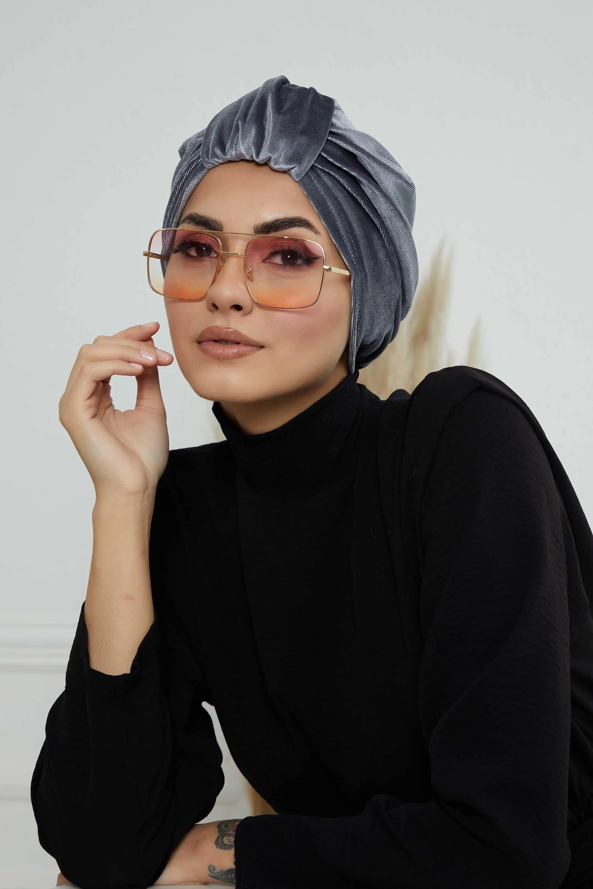 Glamour Knot Velvet Pre-Tied Turban, Super Soft Handmade Instant Turban Head Cover for Women, Velvet Winter Hat, Comfy Chemo Headwear,B-68K
