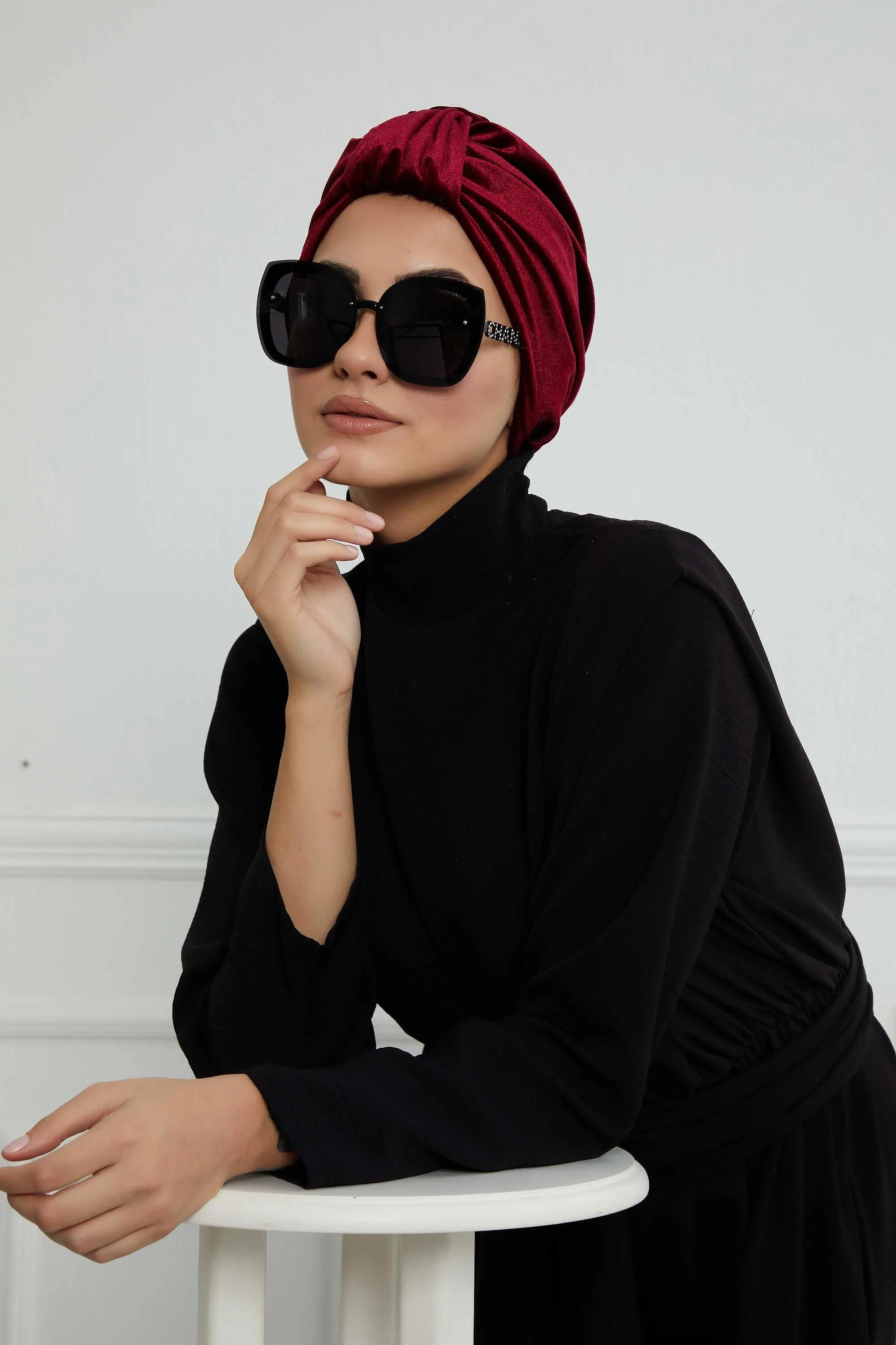 Glamour Knot Velvet Pre-Tied Turban, Super Soft Handmade Instant Turban Head Cover for Women, Velvet Winter Hat, Comfy Chemo Headwear,B-68K