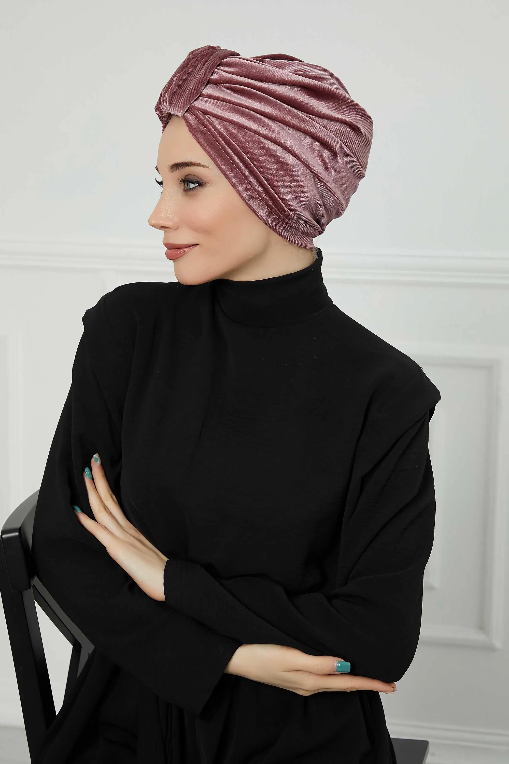 Glamour Knot Velvet Pre-Tied Turban, Super Soft Handmade Instant Turban Head Cover for Women, Velvet Winter Hat, Comfy Chemo Headwear,B-68K