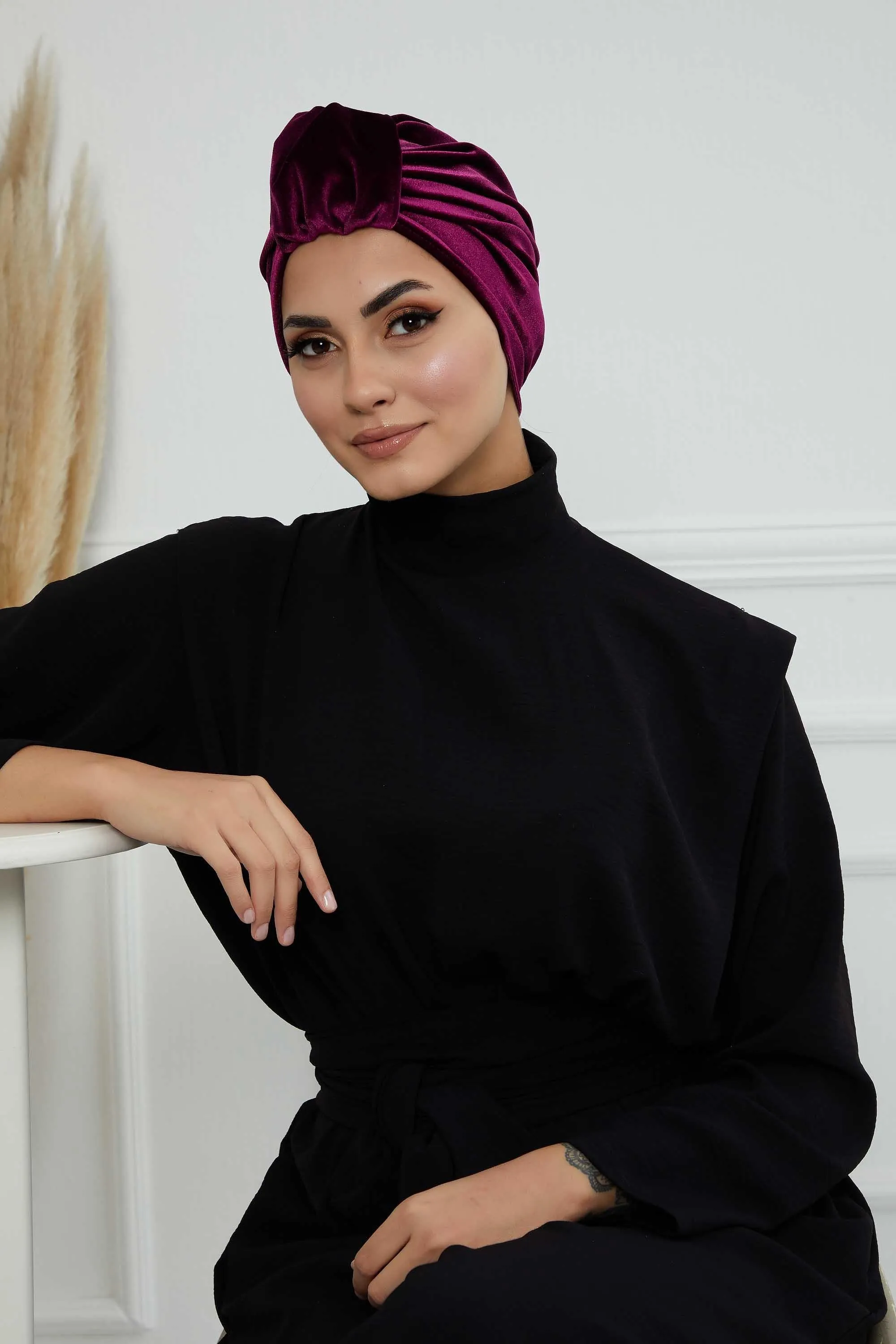 Glamour Knot Velvet Pre-Tied Turban, Super Soft Handmade Instant Turban Head Cover for Women, Velvet Winter Hat, Comfy Chemo Headwear,B-68K
