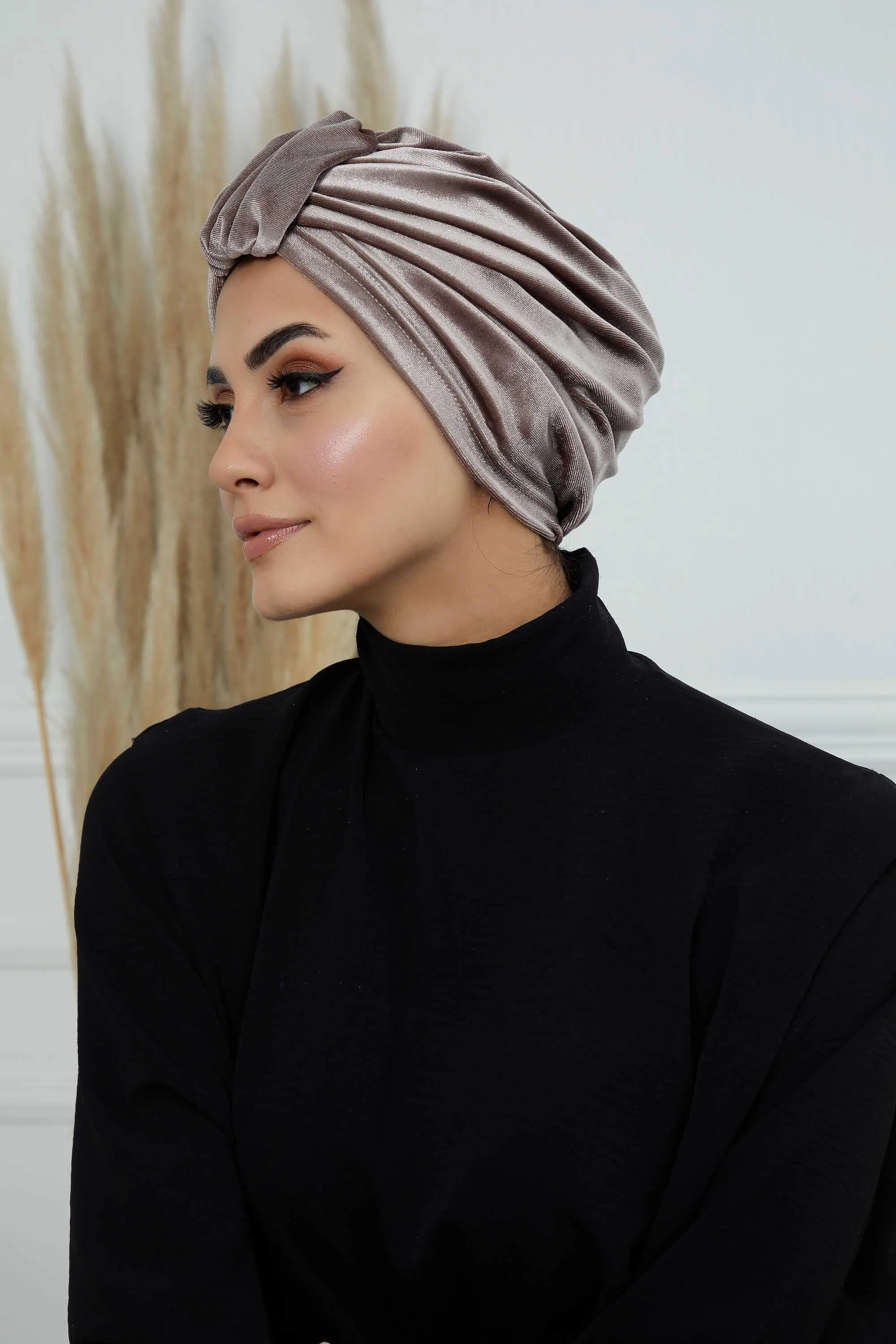Glamour Knot Velvet Pre-Tied Turban, Super Soft Handmade Instant Turban Head Cover for Women, Velvet Winter Hat, Comfy Chemo Headwear,B-68K