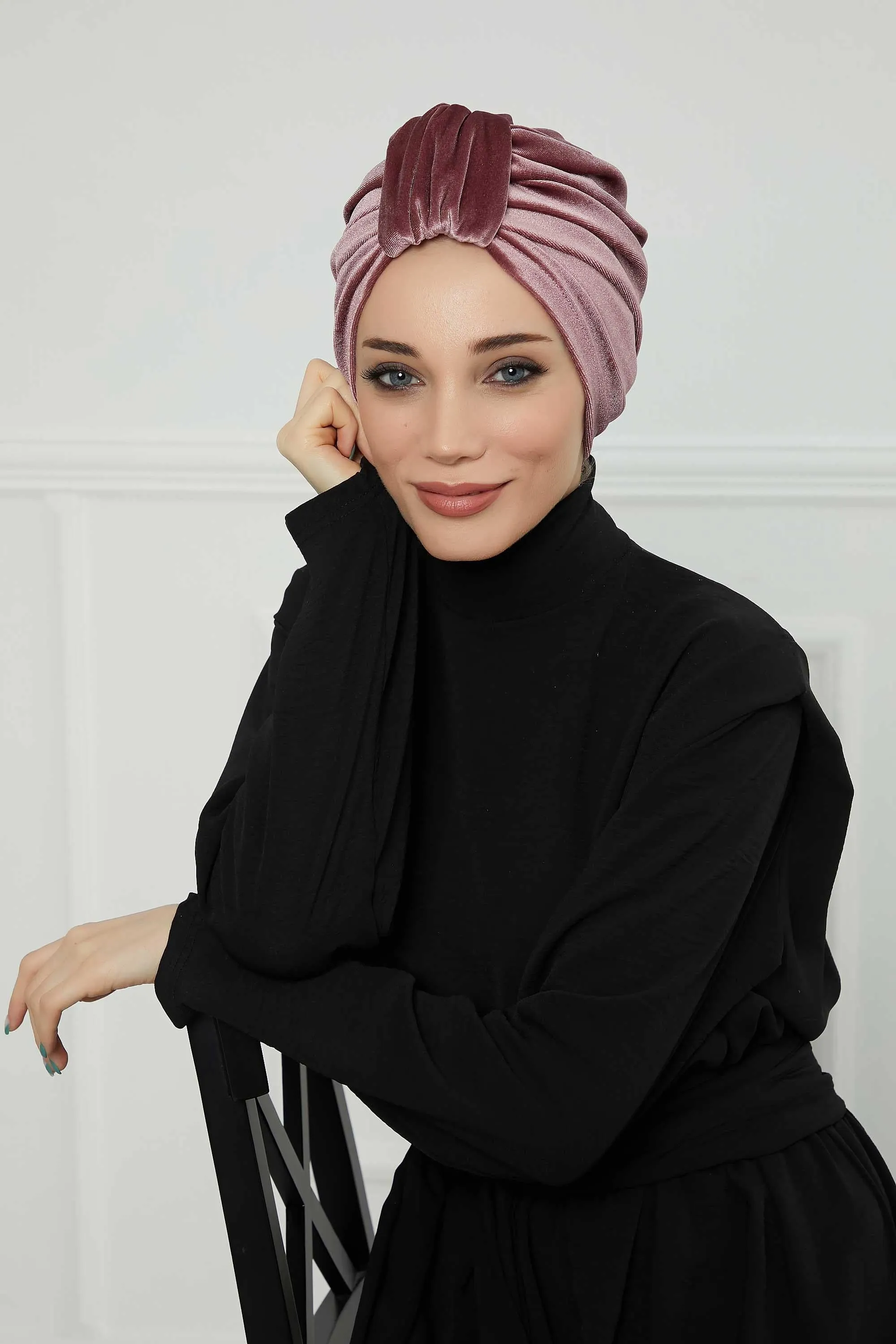 Glamour Knot Velvet Pre-Tied Turban, Super Soft Handmade Instant Turban Head Cover for Women, Velvet Winter Hat, Comfy Chemo Headwear,B-68K