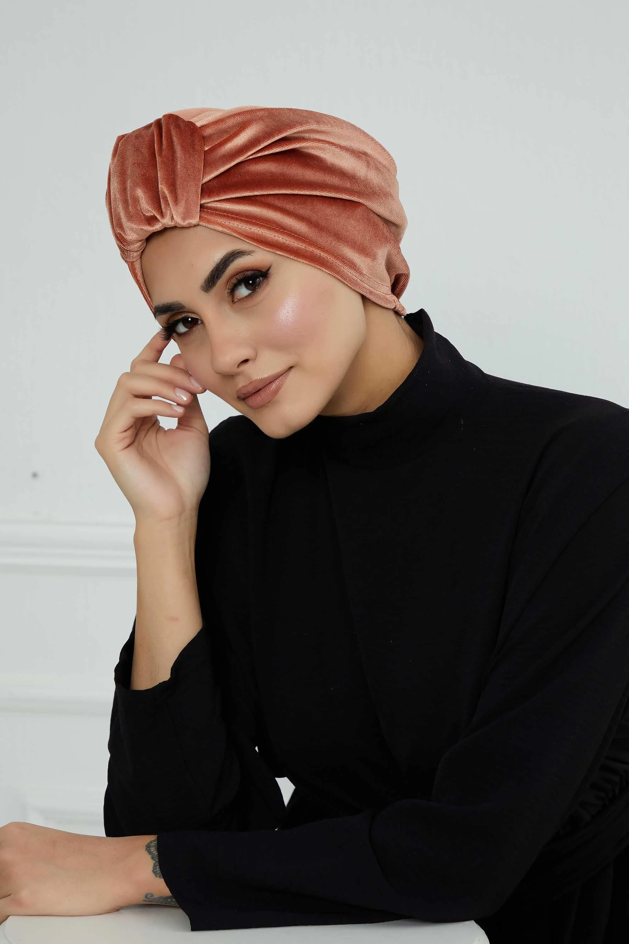 Glamour Knot Velvet Pre-Tied Turban, Super Soft Handmade Instant Turban Head Cover for Women, Velvet Winter Hat, Comfy Chemo Headwear,B-68K