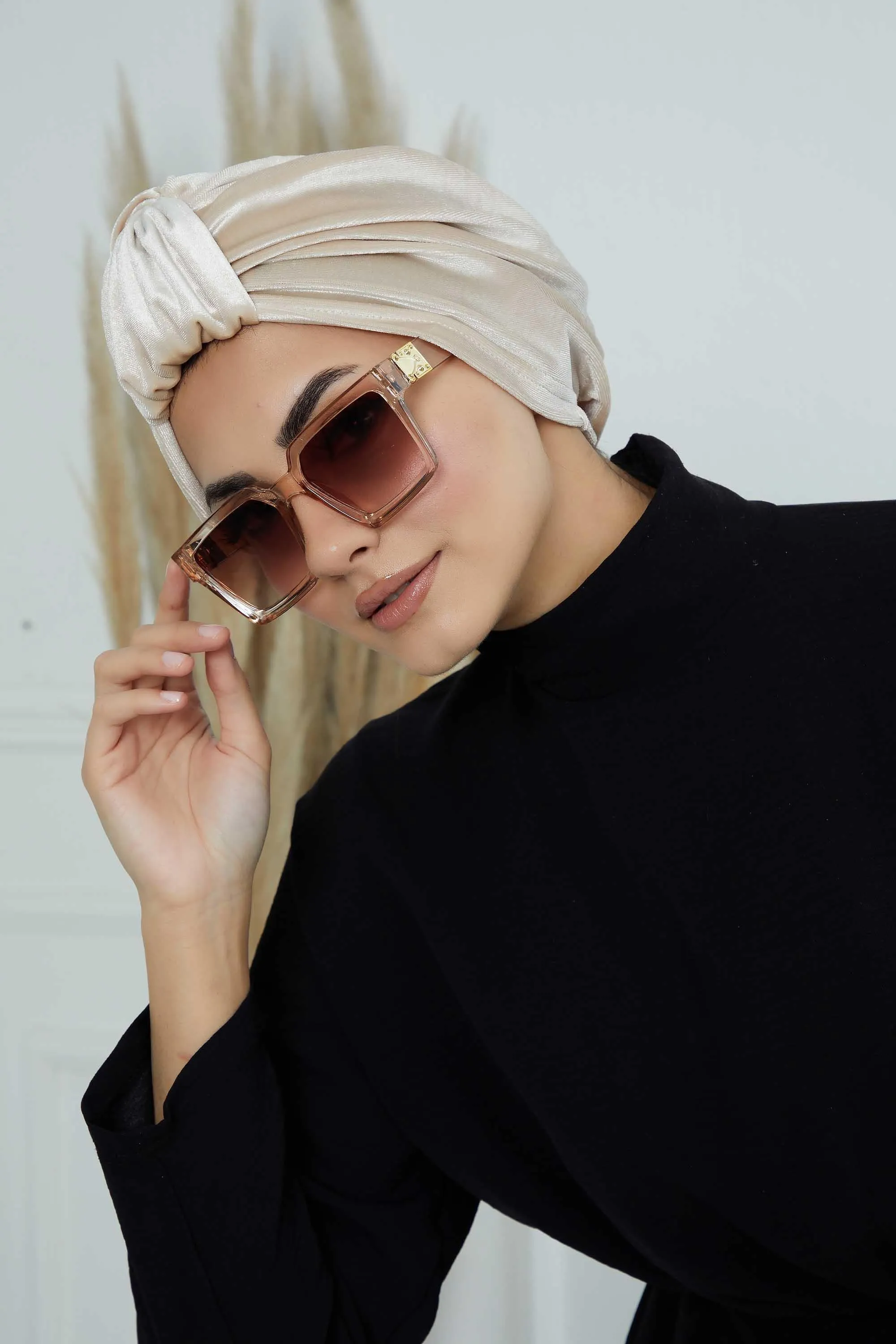 Glamour Knot Velvet Pre-Tied Turban, Super Soft Handmade Instant Turban Head Cover for Women, Velvet Winter Hat, Comfy Chemo Headwear,B-68K