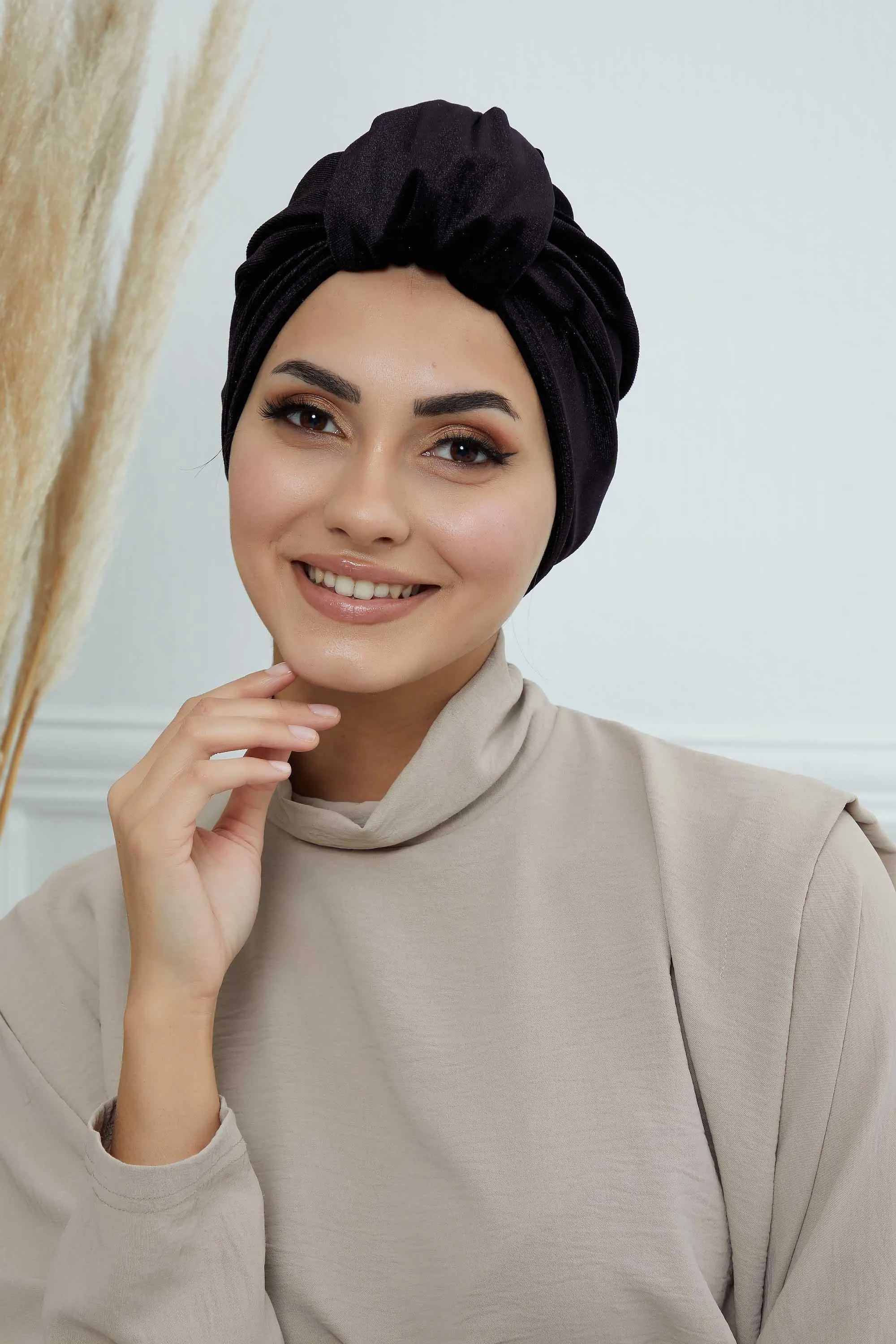 Glamour Knot Velvet Pre-Tied Turban, Super Soft Handmade Instant Turban Head Cover for Women, Velvet Winter Hat, Comfy Chemo Headwear,B-68K