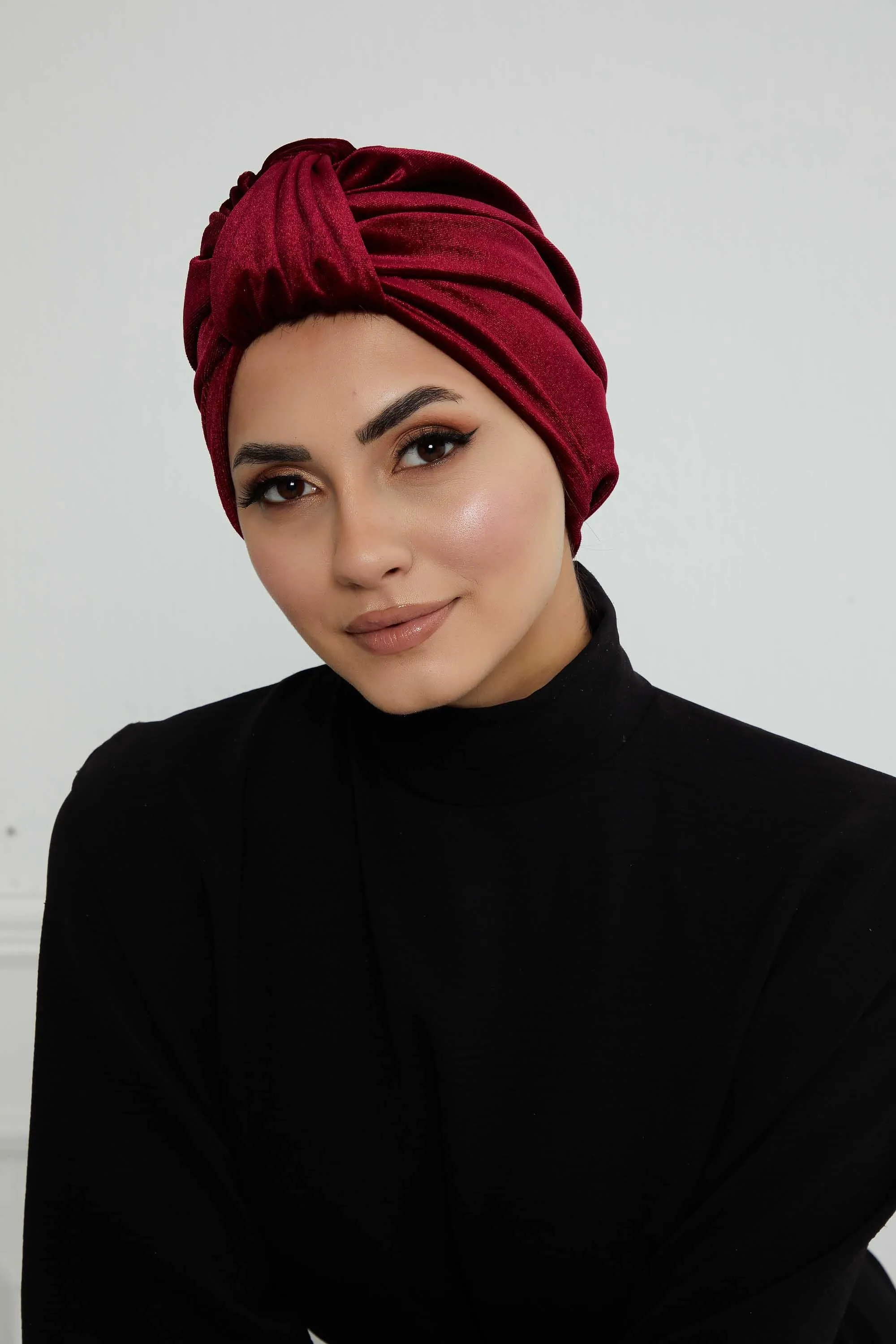 Glamour Knot Velvet Pre-Tied Turban, Super Soft Handmade Instant Turban Head Cover for Women, Velvet Winter Hat, Comfy Chemo Headwear,B-68K