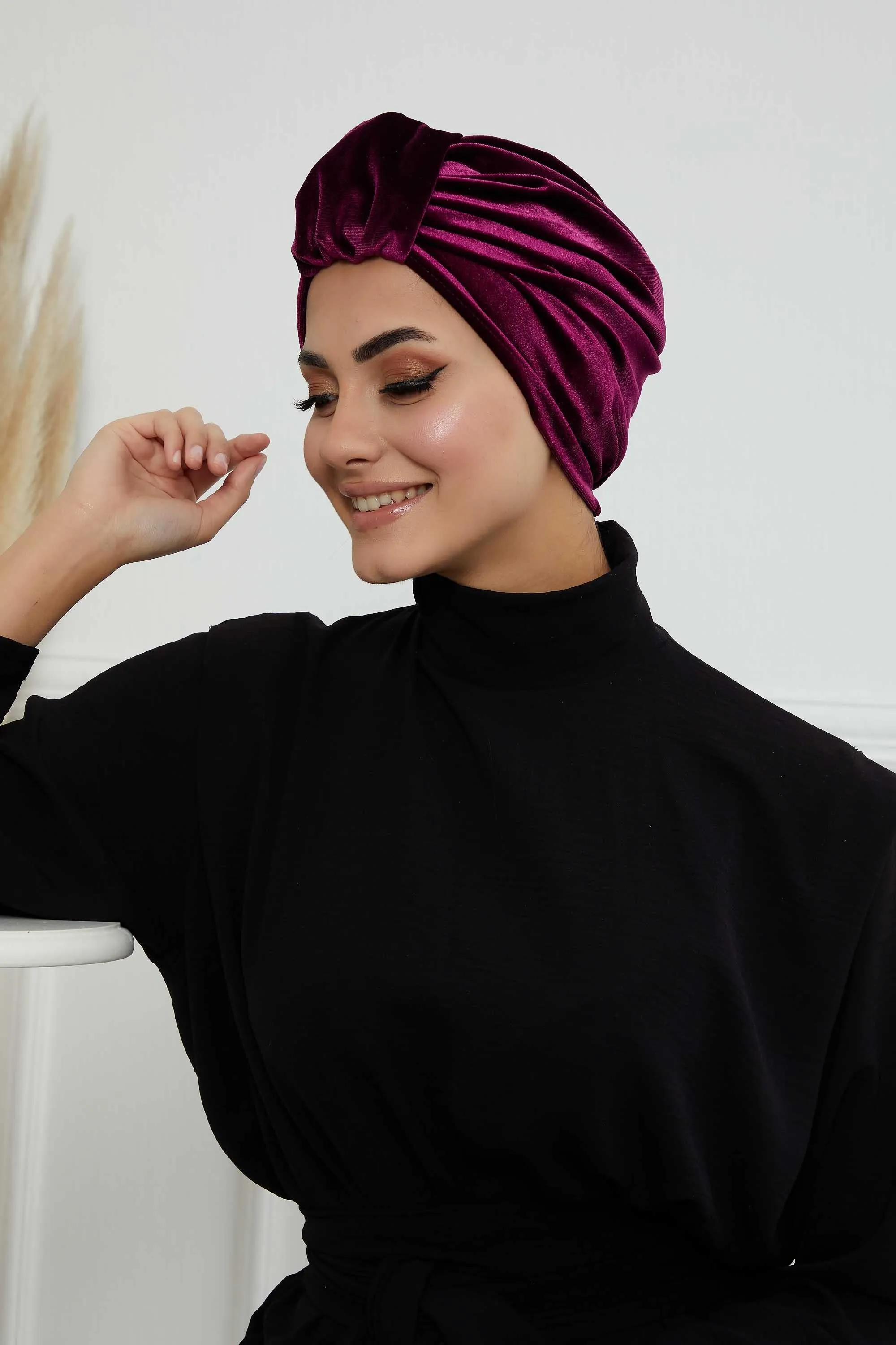 Glamour Knot Velvet Pre-Tied Turban, Super Soft Handmade Instant Turban Head Cover for Women, Velvet Winter Hat, Comfy Chemo Headwear,B-68K
