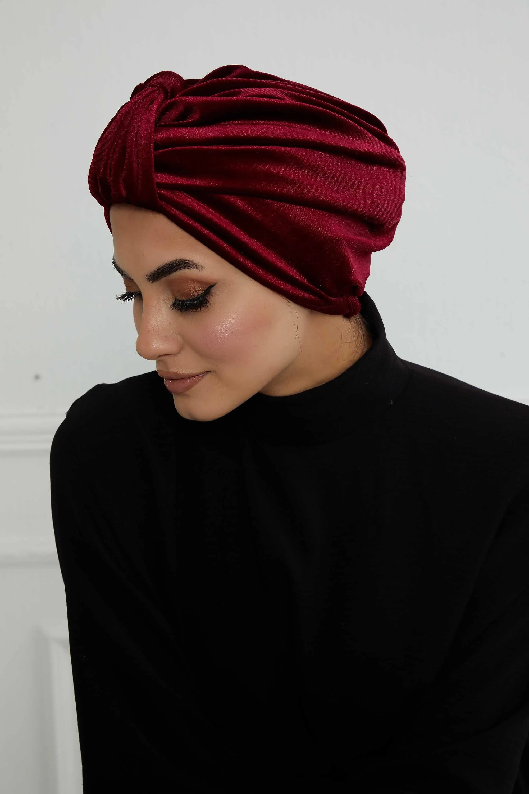 Glamour Knot Velvet Pre-Tied Turban, Super Soft Handmade Instant Turban Head Cover for Women, Velvet Winter Hat, Comfy Chemo Headwear,B-68K