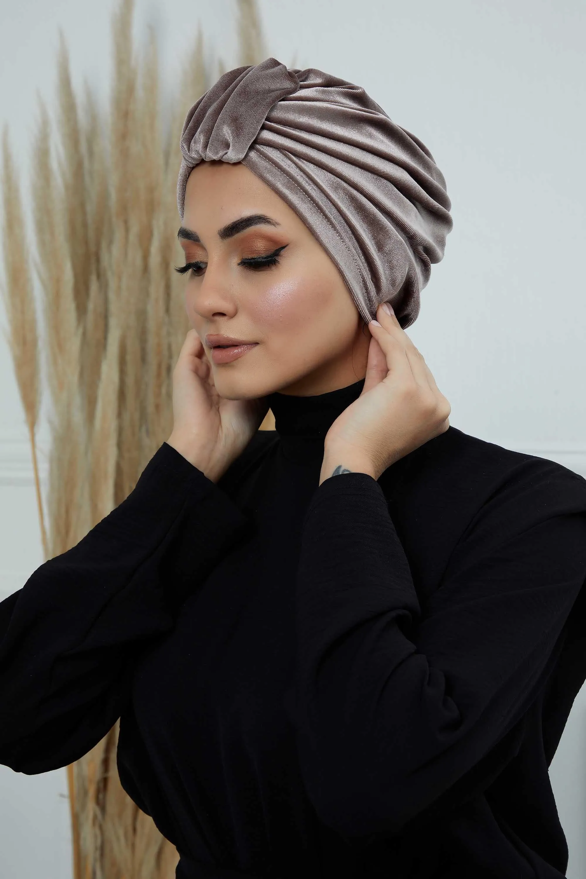 Glamour Knot Velvet Pre-Tied Turban, Super Soft Handmade Instant Turban Head Cover for Women, Velvet Winter Hat, Comfy Chemo Headwear,B-68K