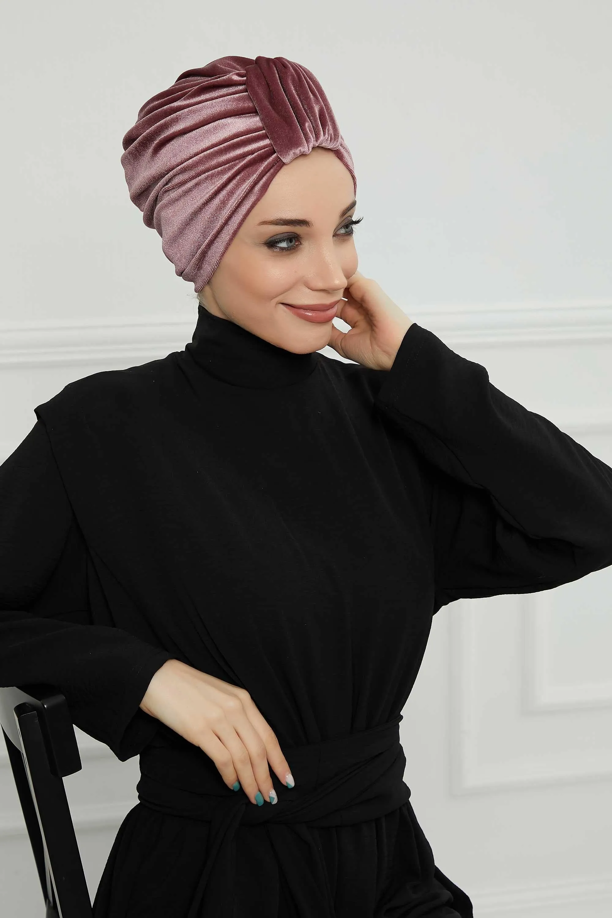Glamour Knot Velvet Pre-Tied Turban, Super Soft Handmade Instant Turban Head Cover for Women, Velvet Winter Hat, Comfy Chemo Headwear,B-68K