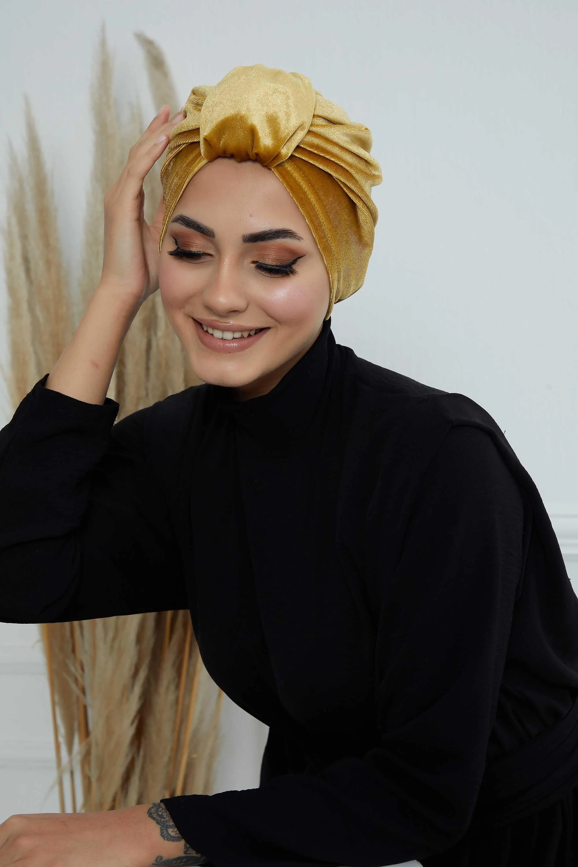 Glamour Knot Velvet Pre-Tied Turban, Super Soft Handmade Instant Turban Head Cover for Women, Velvet Winter Hat, Comfy Chemo Headwear,B-68K