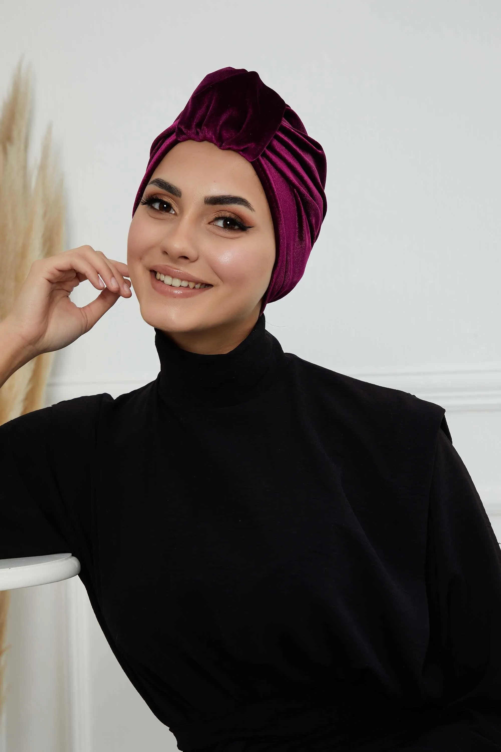 Glamour Knot Velvet Pre-Tied Turban, Super Soft Handmade Instant Turban Head Cover for Women, Velvet Winter Hat, Comfy Chemo Headwear,B-68K