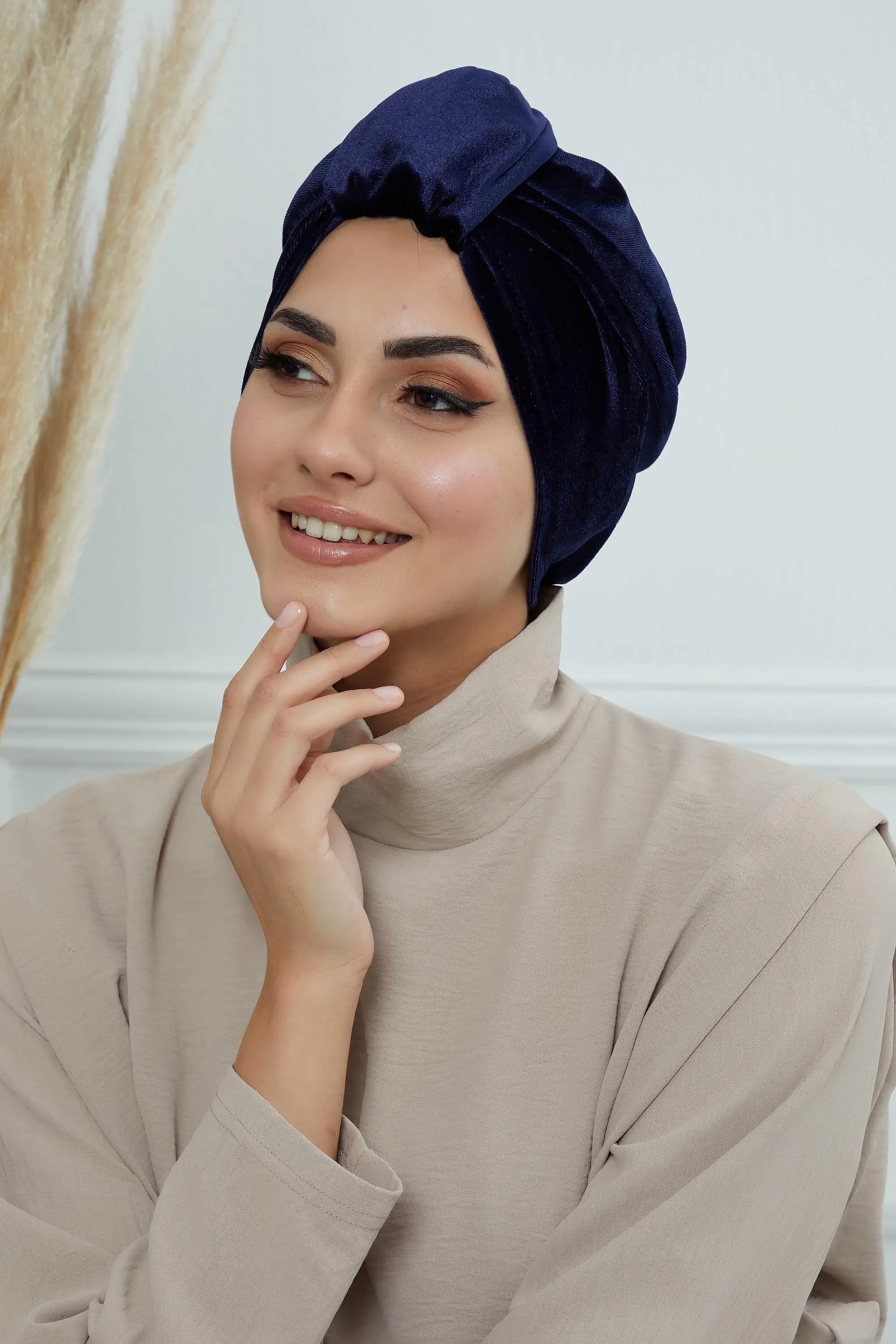 Glamour Knot Velvet Pre-Tied Turban, Super Soft Handmade Instant Turban Head Cover for Women, Velvet Winter Hat, Comfy Chemo Headwear,B-68K