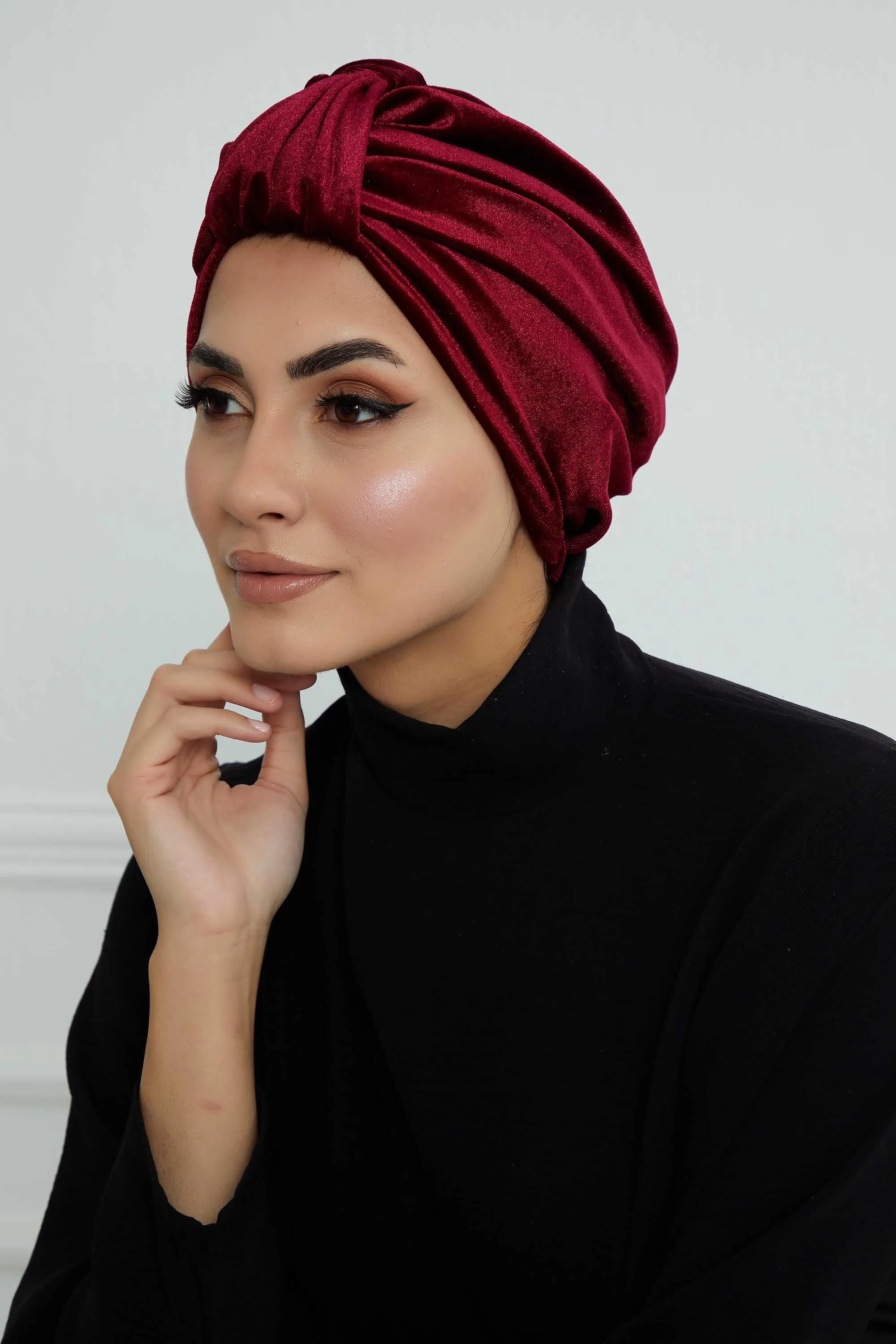 Glamour Knot Velvet Pre-Tied Turban, Super Soft Handmade Instant Turban Head Cover for Women, Velvet Winter Hat, Comfy Chemo Headwear,B-68K