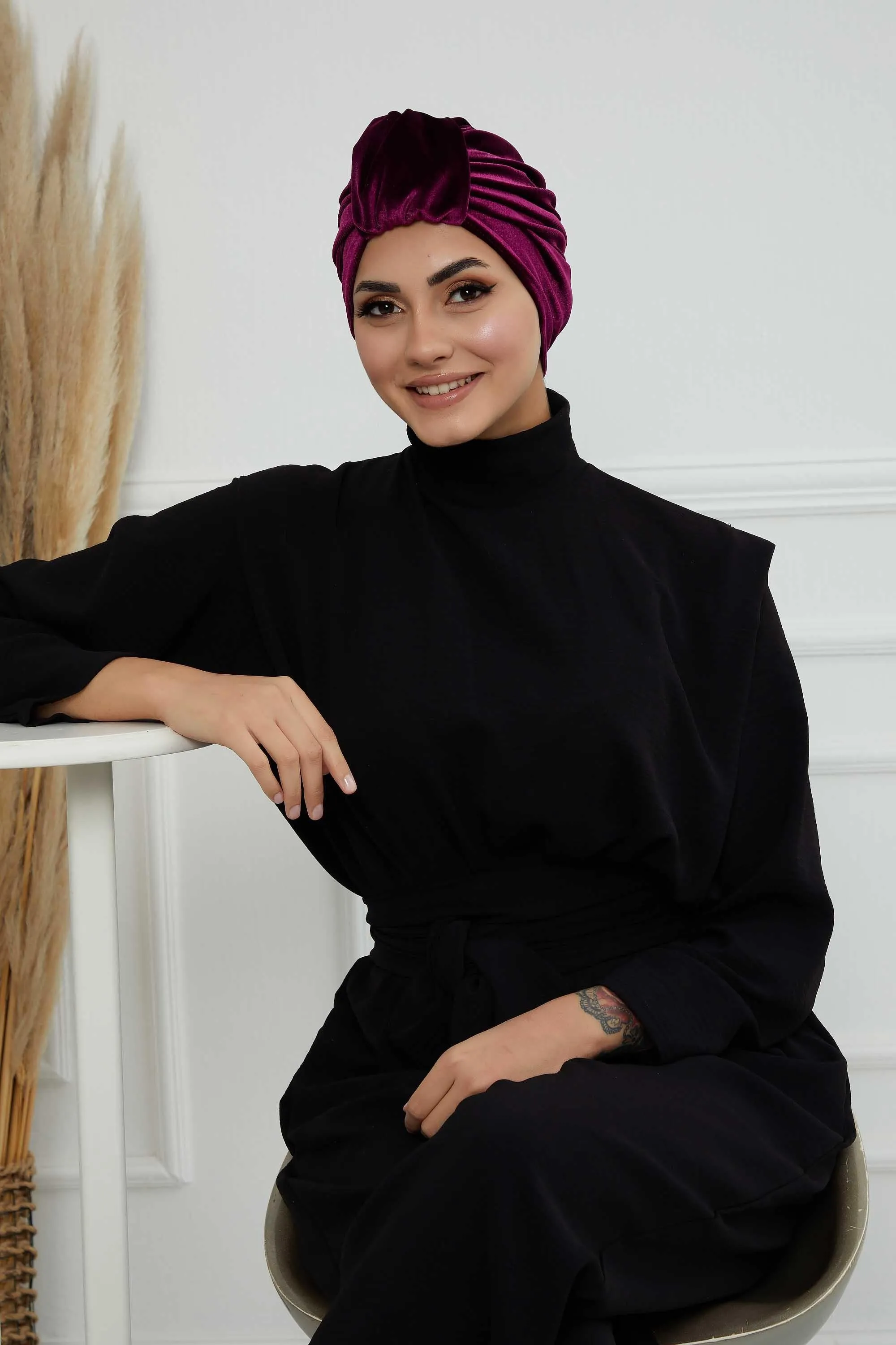 Glamour Knot Velvet Pre-Tied Turban, Super Soft Handmade Instant Turban Head Cover for Women, Velvet Winter Hat, Comfy Chemo Headwear,B-68K