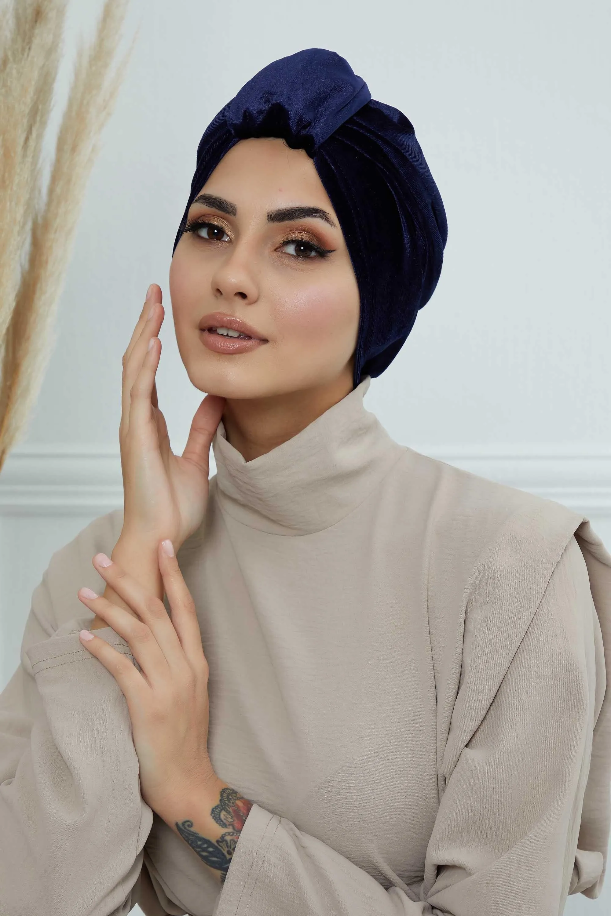 Glamour Knot Velvet Pre-Tied Turban, Super Soft Handmade Instant Turban Head Cover for Women, Velvet Winter Hat, Comfy Chemo Headwear,B-68K