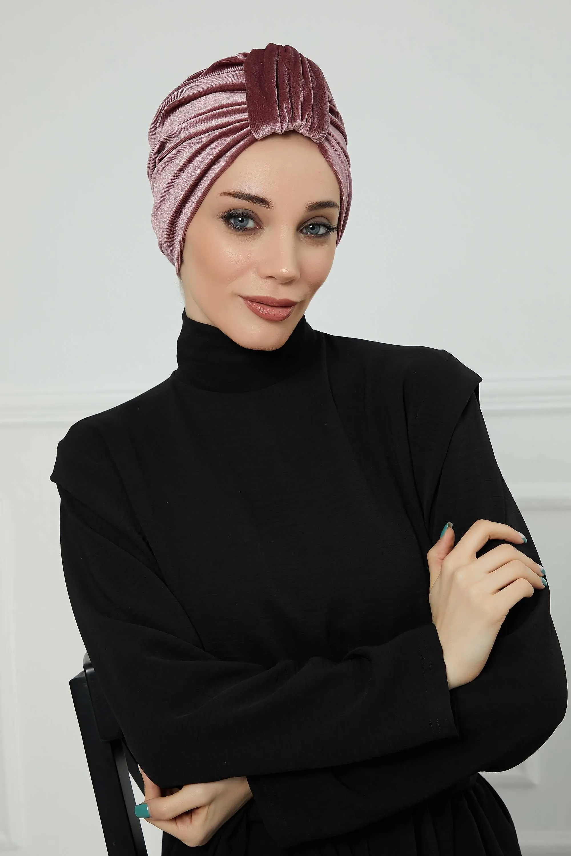 Glamour Knot Velvet Pre-Tied Turban, Super Soft Handmade Instant Turban Head Cover for Women, Velvet Winter Hat, Comfy Chemo Headwear,B-68K