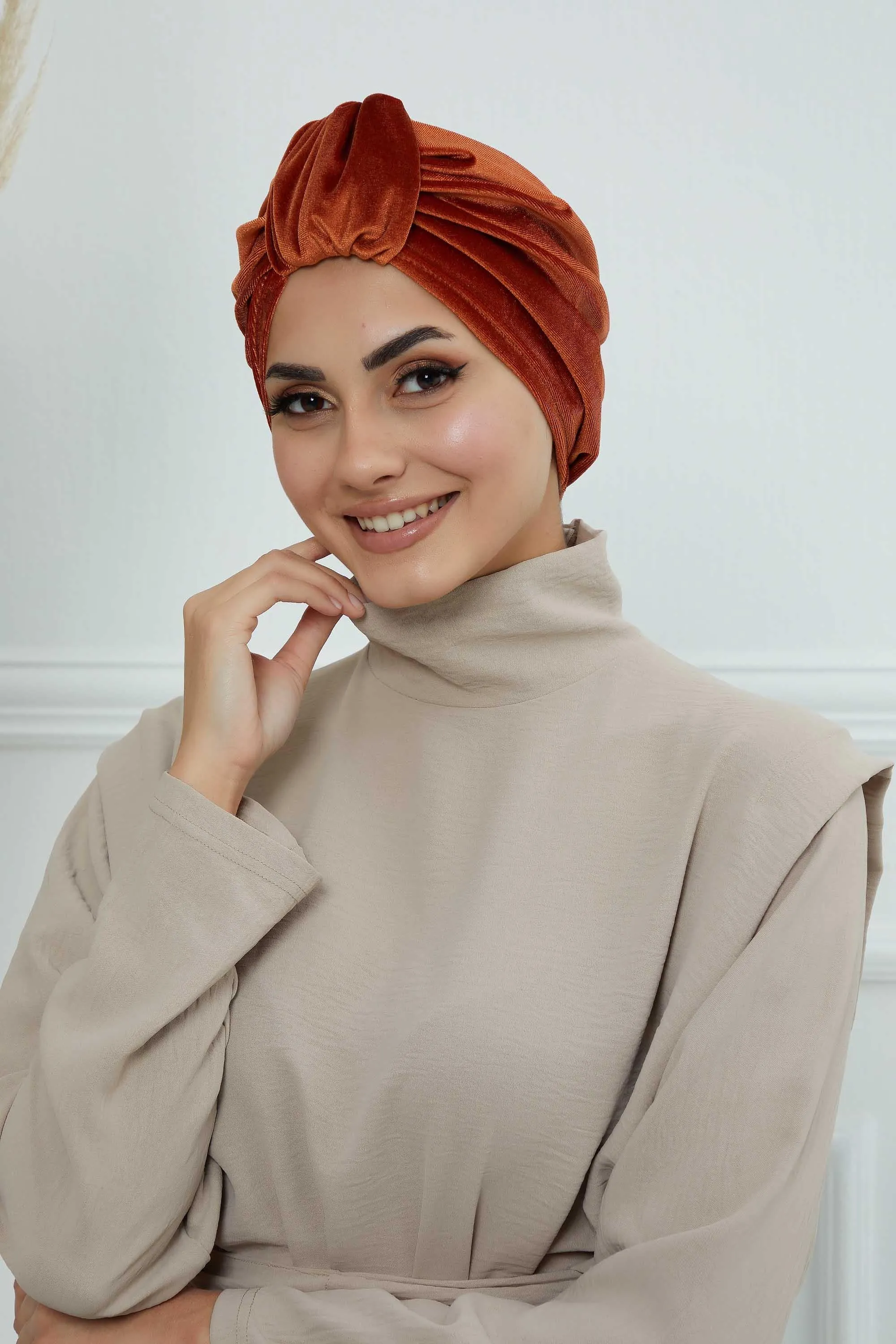Glamour Knot Velvet Pre-Tied Turban, Super Soft Handmade Instant Turban Head Cover for Women, Velvet Winter Hat, Comfy Chemo Headwear,B-68K