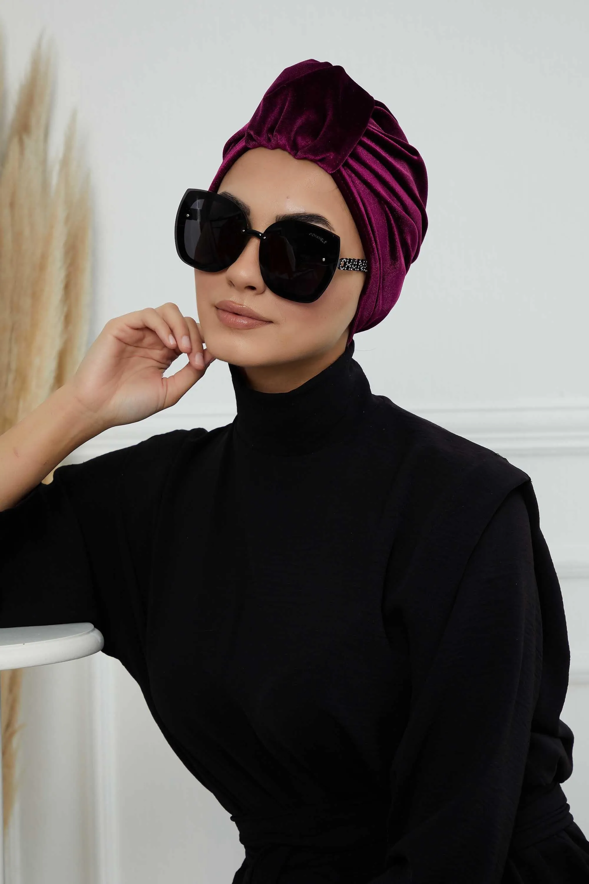 Glamour Knot Velvet Pre-Tied Turban, Super Soft Handmade Instant Turban Head Cover for Women, Velvet Winter Hat, Comfy Chemo Headwear,B-68K