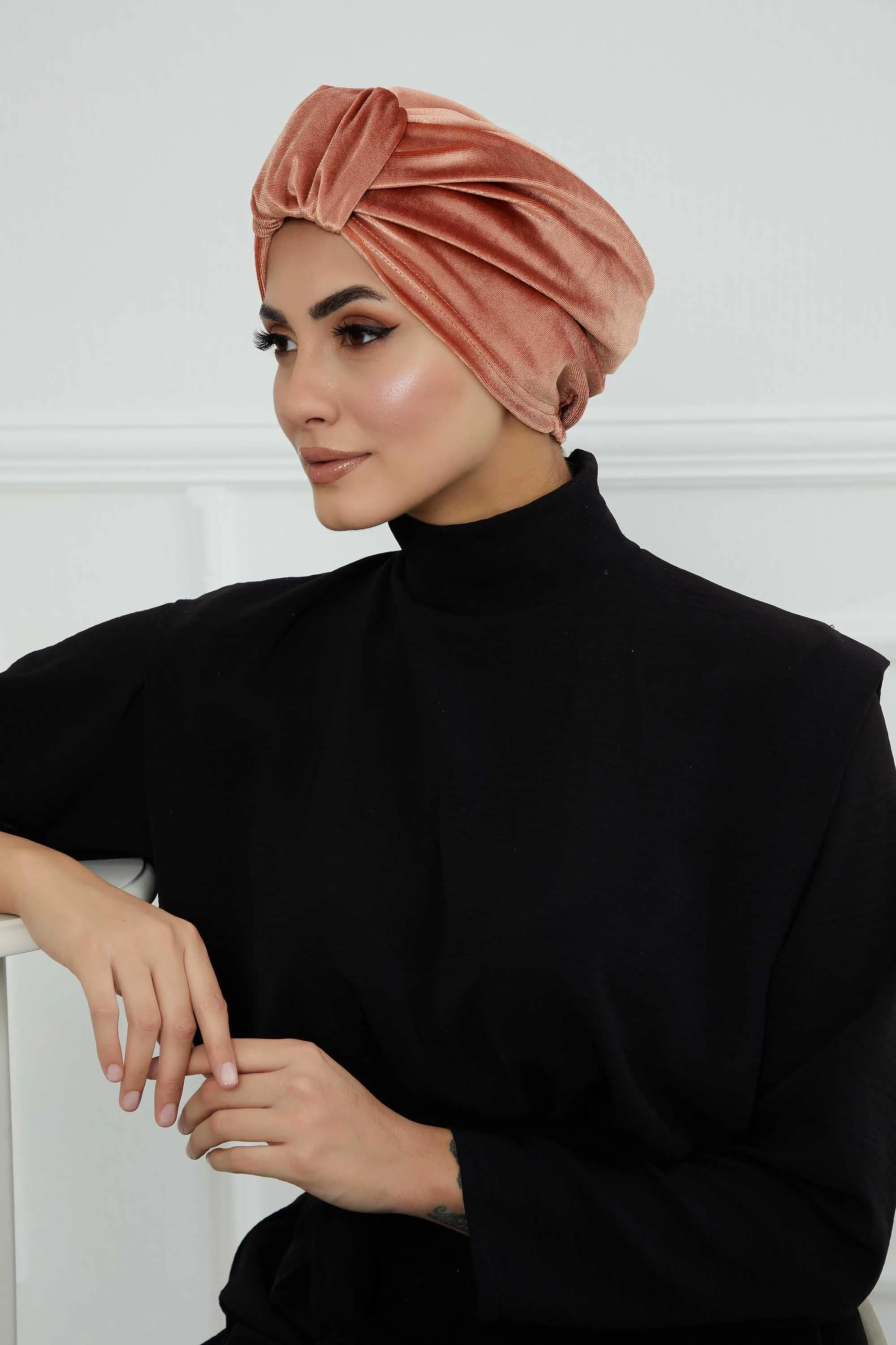 Glamour Knot Velvet Pre-Tied Turban, Super Soft Handmade Instant Turban Head Cover for Women, Velvet Winter Hat, Comfy Chemo Headwear,B-68K