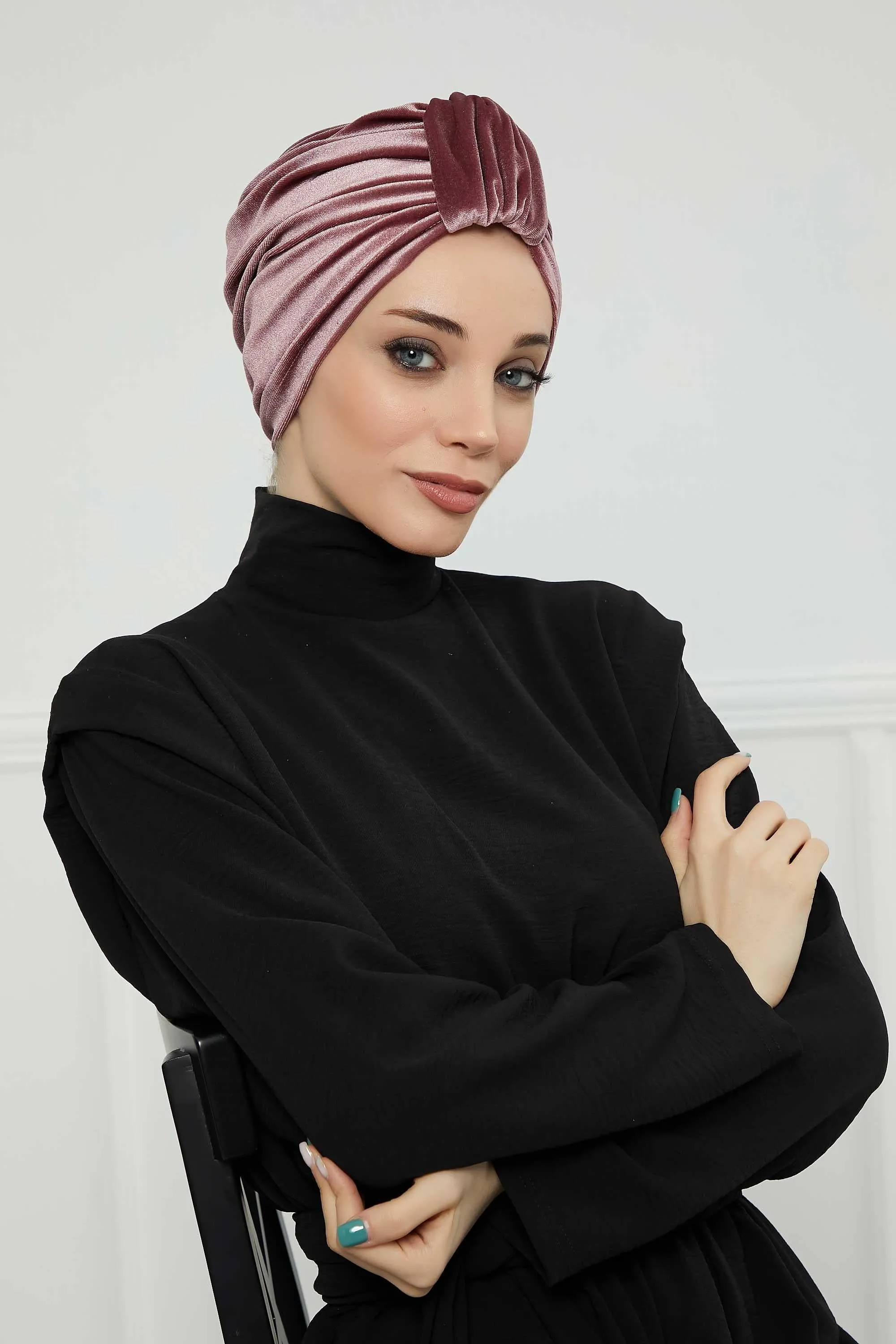 Glamour Knot Velvet Pre-Tied Turban, Super Soft Handmade Instant Turban Head Cover for Women, Velvet Winter Hat, Comfy Chemo Headwear,B-68K