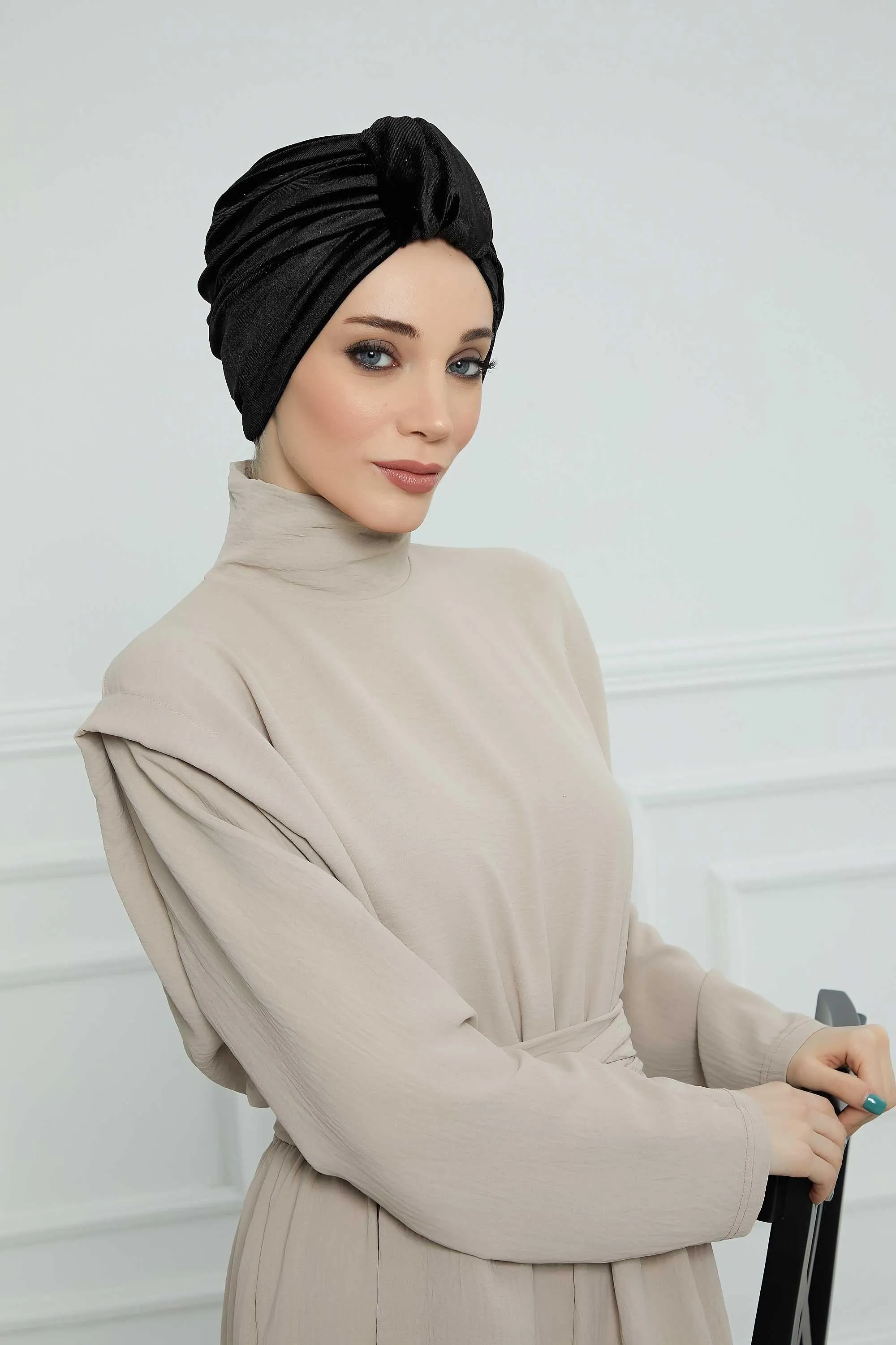 Glamour Knot Velvet Pre-Tied Turban, Super Soft Handmade Instant Turban Head Cover for Women, Velvet Winter Hat, Comfy Chemo Headwear,B-68K