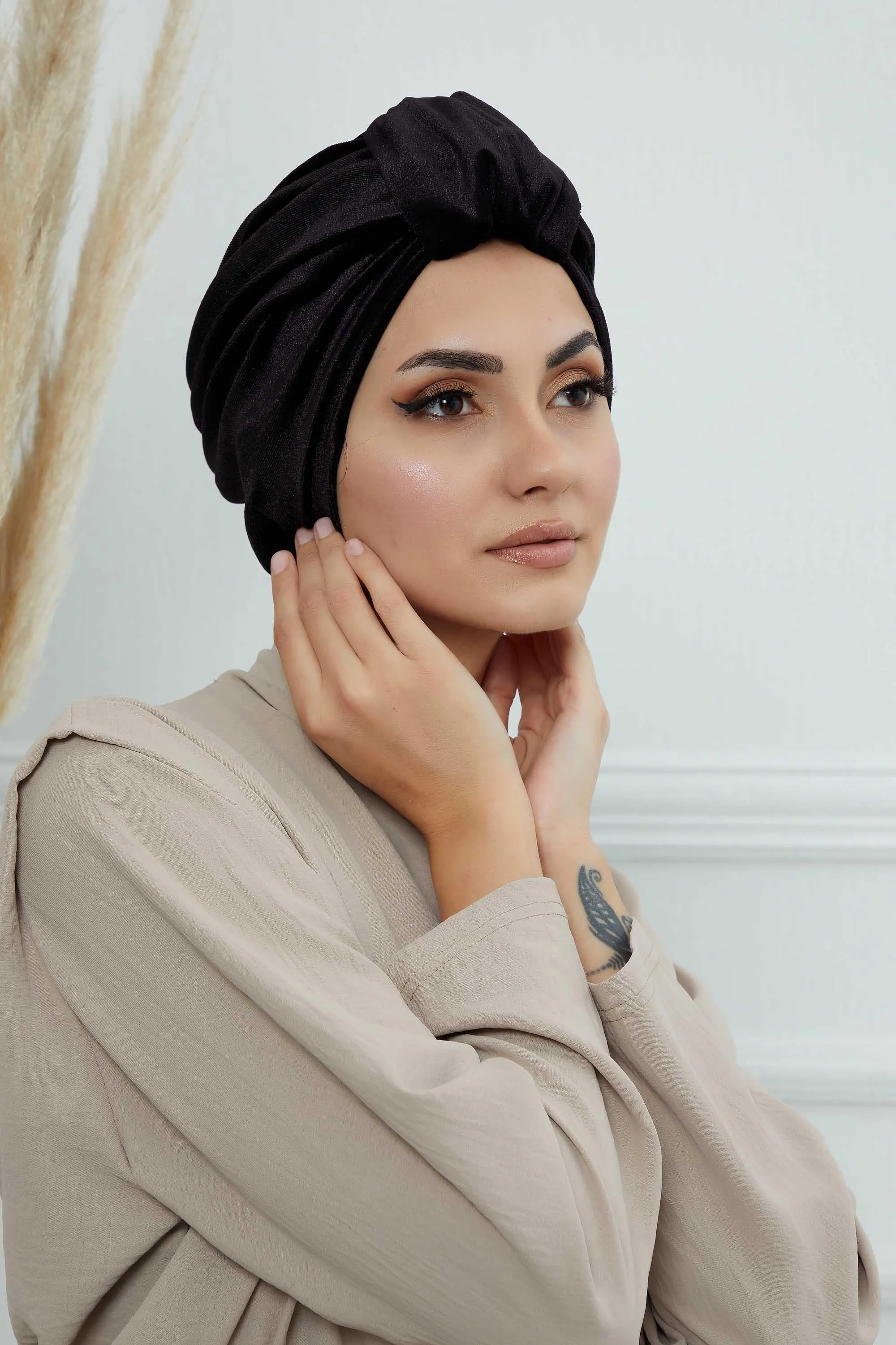 Glamour Knot Velvet Pre-Tied Turban, Super Soft Handmade Instant Turban Head Cover for Women, Velvet Winter Hat, Comfy Chemo Headwear,B-68K