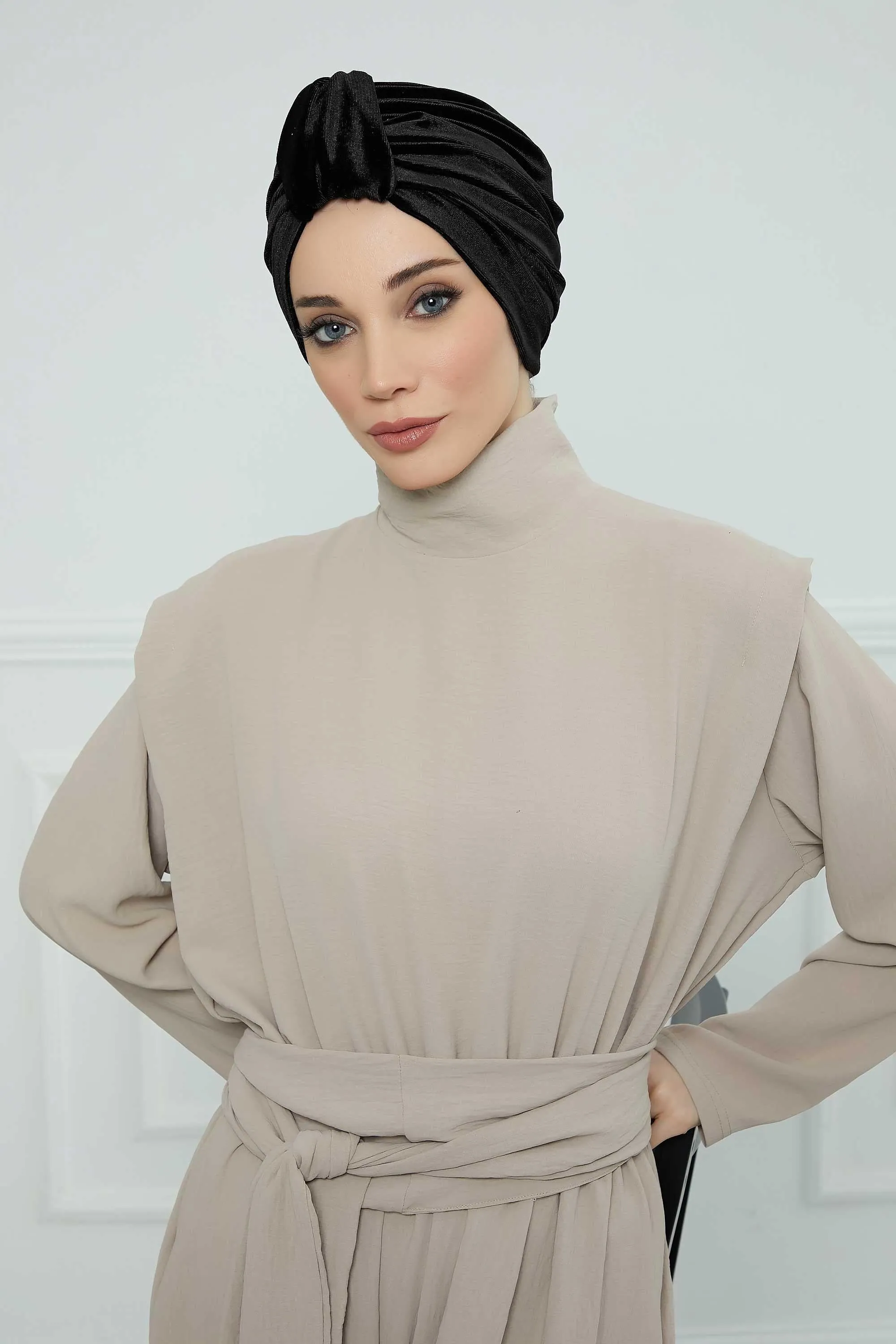 Glamour Knot Velvet Pre-Tied Turban, Super Soft Handmade Instant Turban Head Cover for Women, Velvet Winter Hat, Comfy Chemo Headwear,B-68K
