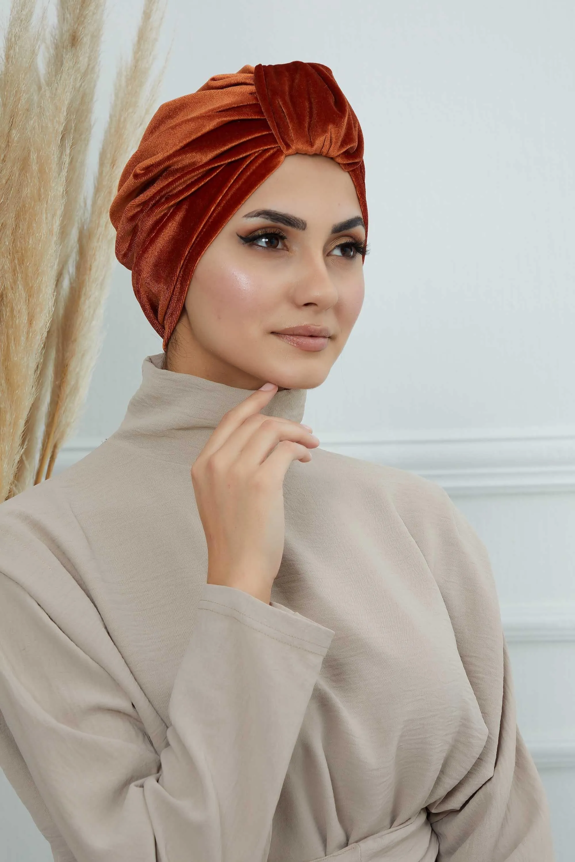 Glamour Knot Velvet Pre-Tied Turban, Super Soft Handmade Instant Turban Head Cover for Women, Velvet Winter Hat, Comfy Chemo Headwear,B-68K