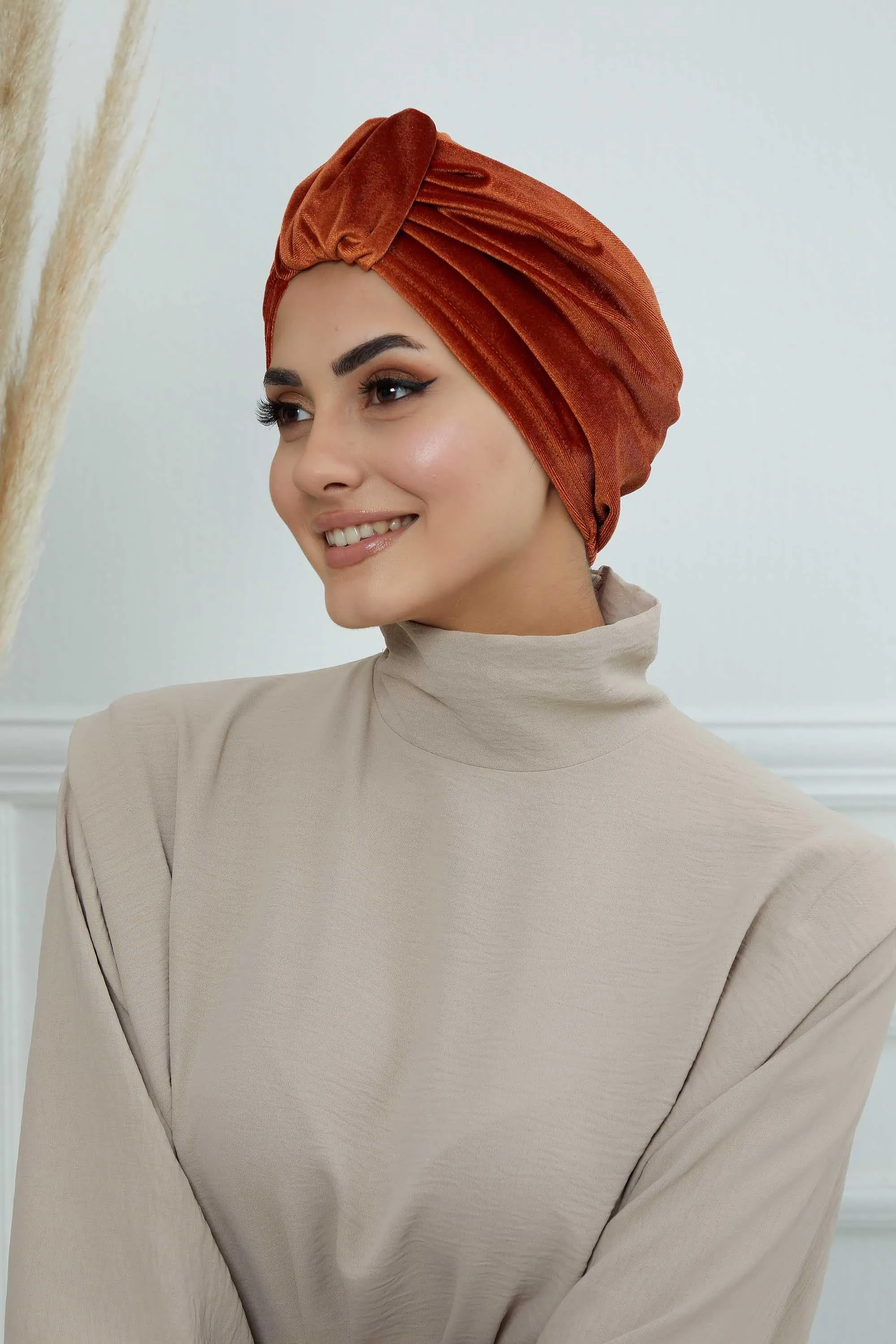 Glamour Knot Velvet Pre-Tied Turban, Super Soft Handmade Instant Turban Head Cover for Women, Velvet Winter Hat, Comfy Chemo Headwear,B-68K